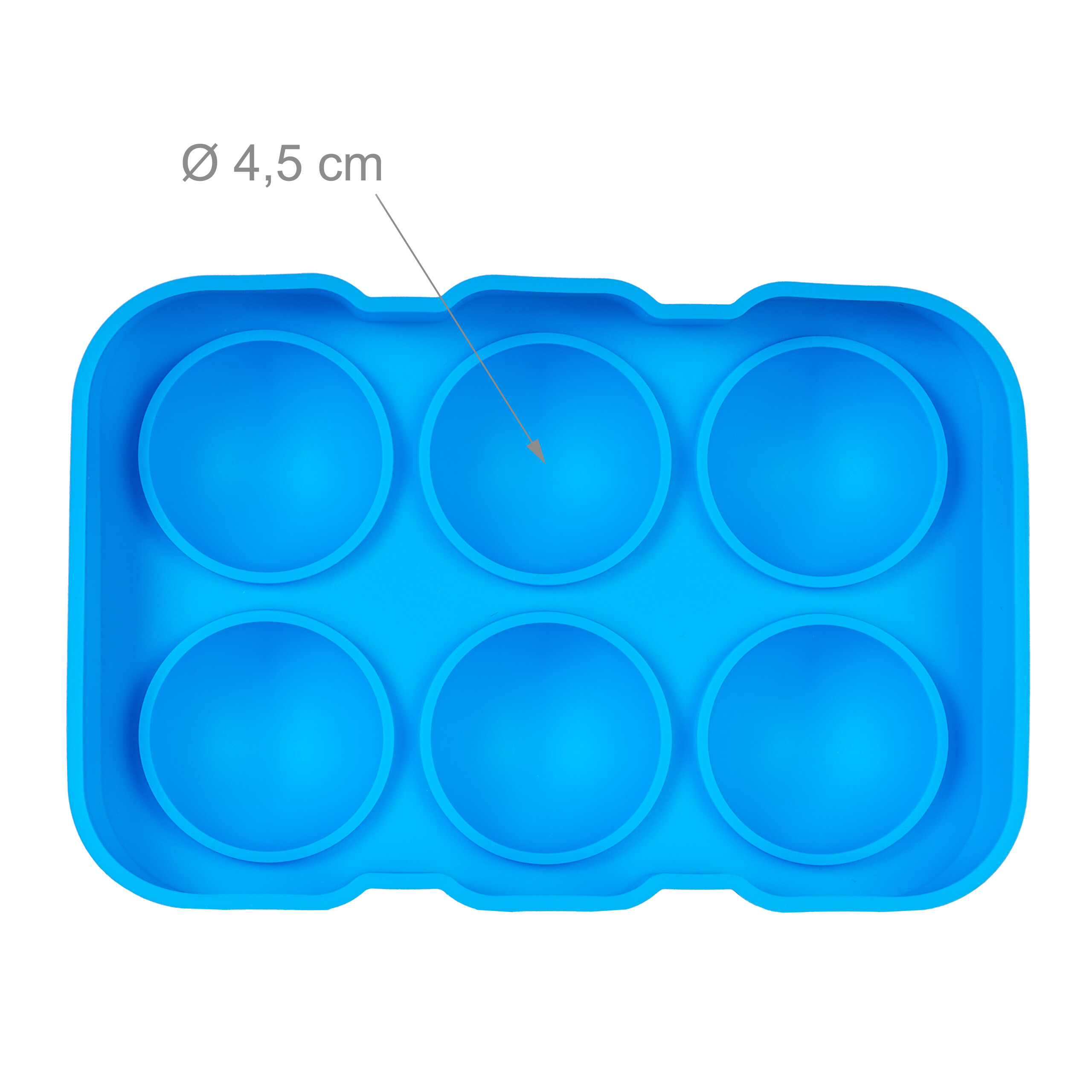 Eine blaue Silikon-Eiswürfelform mit sechs runden Mulden und der Maßangabe 4,5 cm Durchmesser.