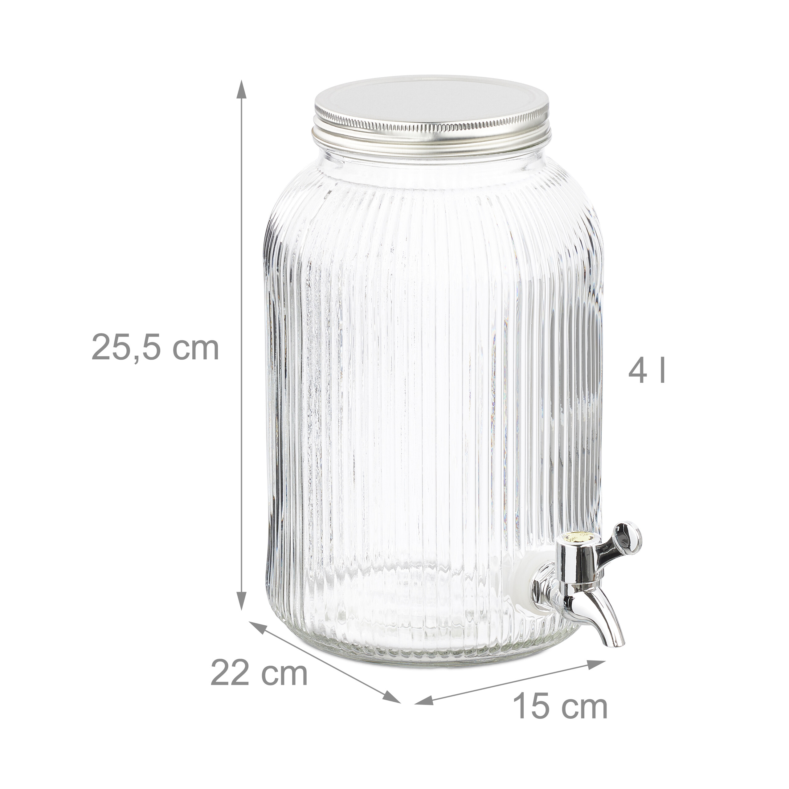 Gerillter 4-Liter-Glas-Getränkespender mit Deckel, Zapfhahn und Maßangaben.