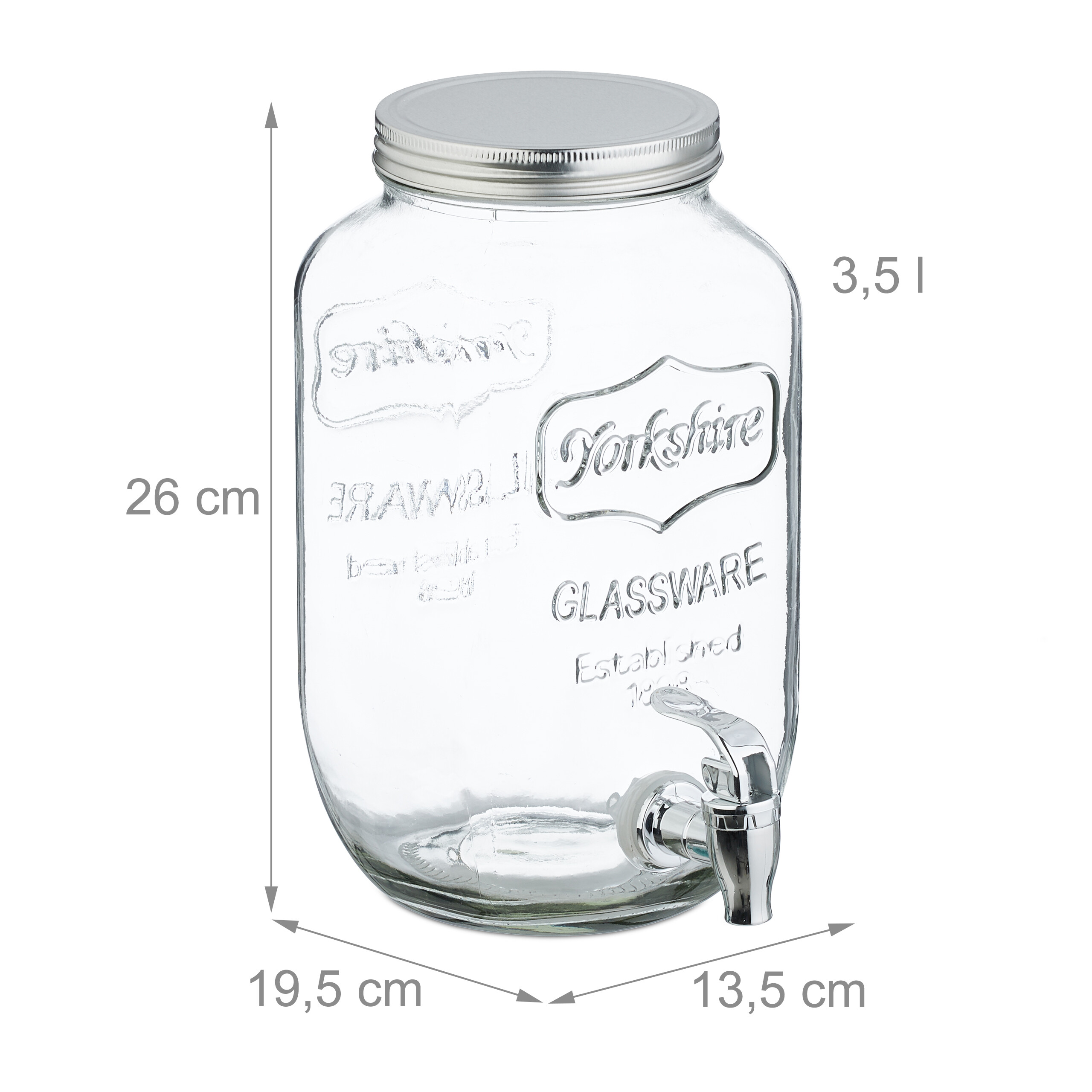 Ein großer, klarer 3,5-Liter-Glasgetränkespender mit Silberdeckel und Hahn, Höhe 26 cm, Maße und Textaufdruck.