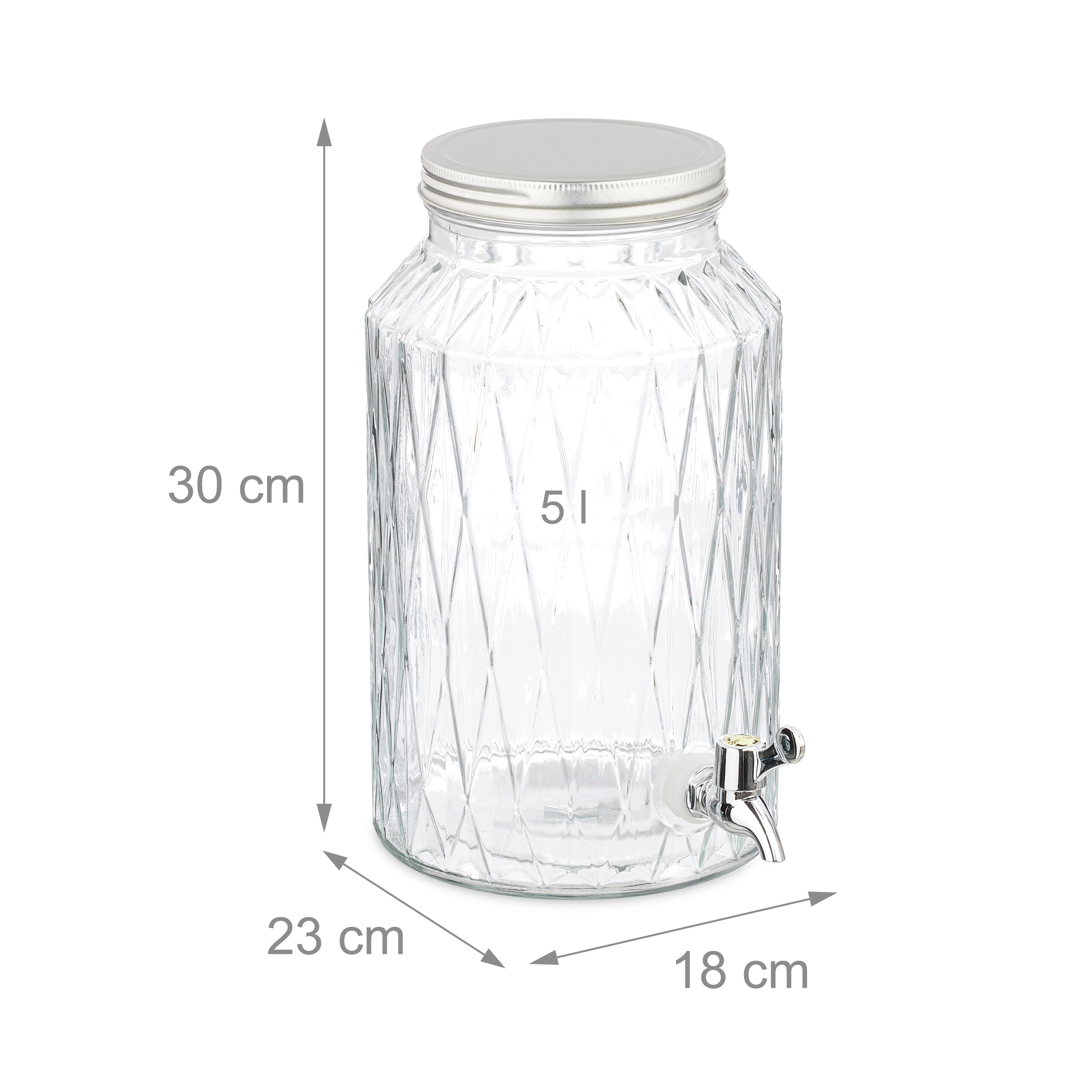 Glas-Getränkespender, 5 Liter, mit silbernem Deckel und Hahn, Maße 30x23x18 cm, auf weißem Hintergrund.