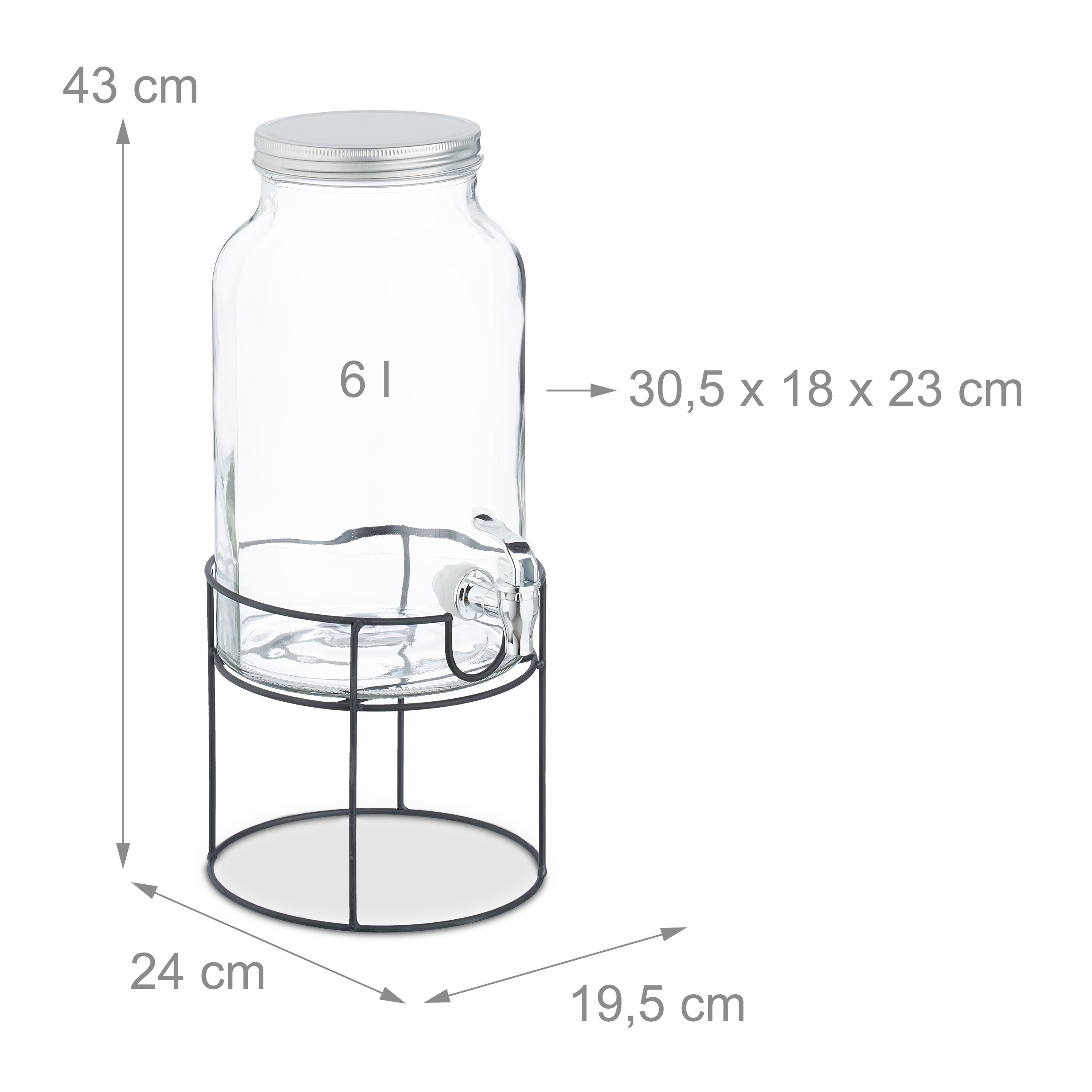 Ein 6-Liter-Glas-Getränkespender mit Metallständer und Maßangaben in cm.