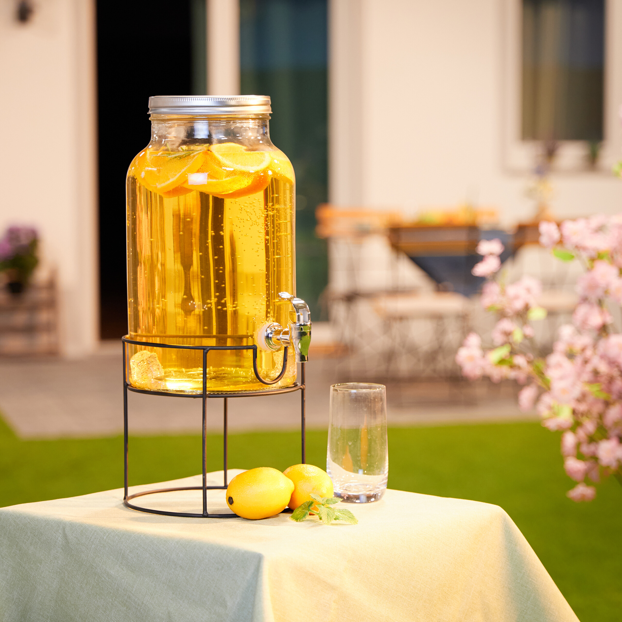 Ein großer Getränkespender mit Zitrusfrüchten auf einem Tisch im Garten, daneben Zitronen und ein Glas.