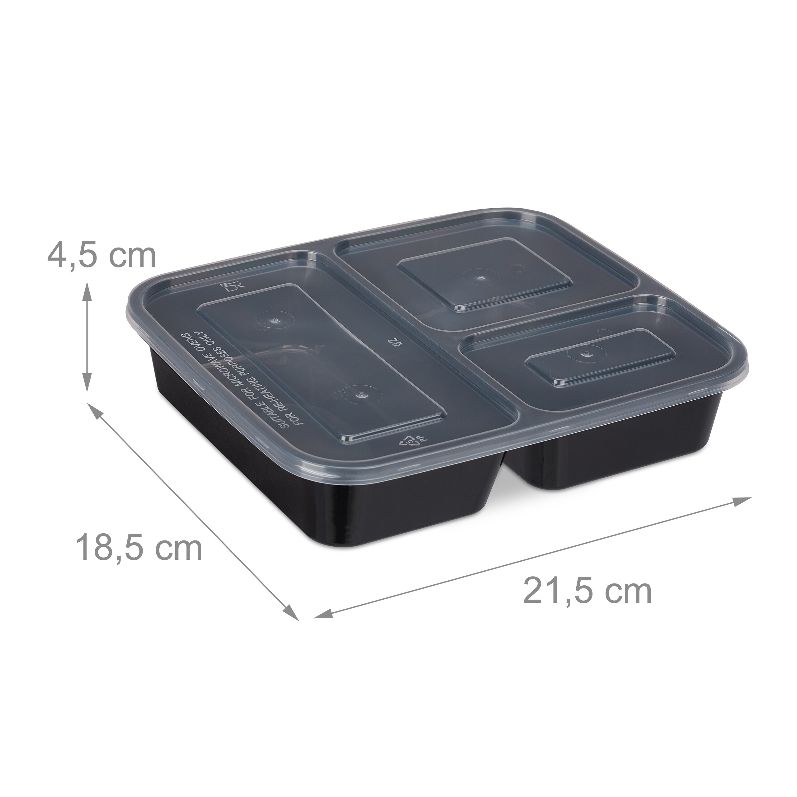 Schwarze dreiteilige Kunststoff-Essensbox mit transparentem Deckel und Maßen 21,5x18,5x4,5 cm auf weißem Hintergrund.