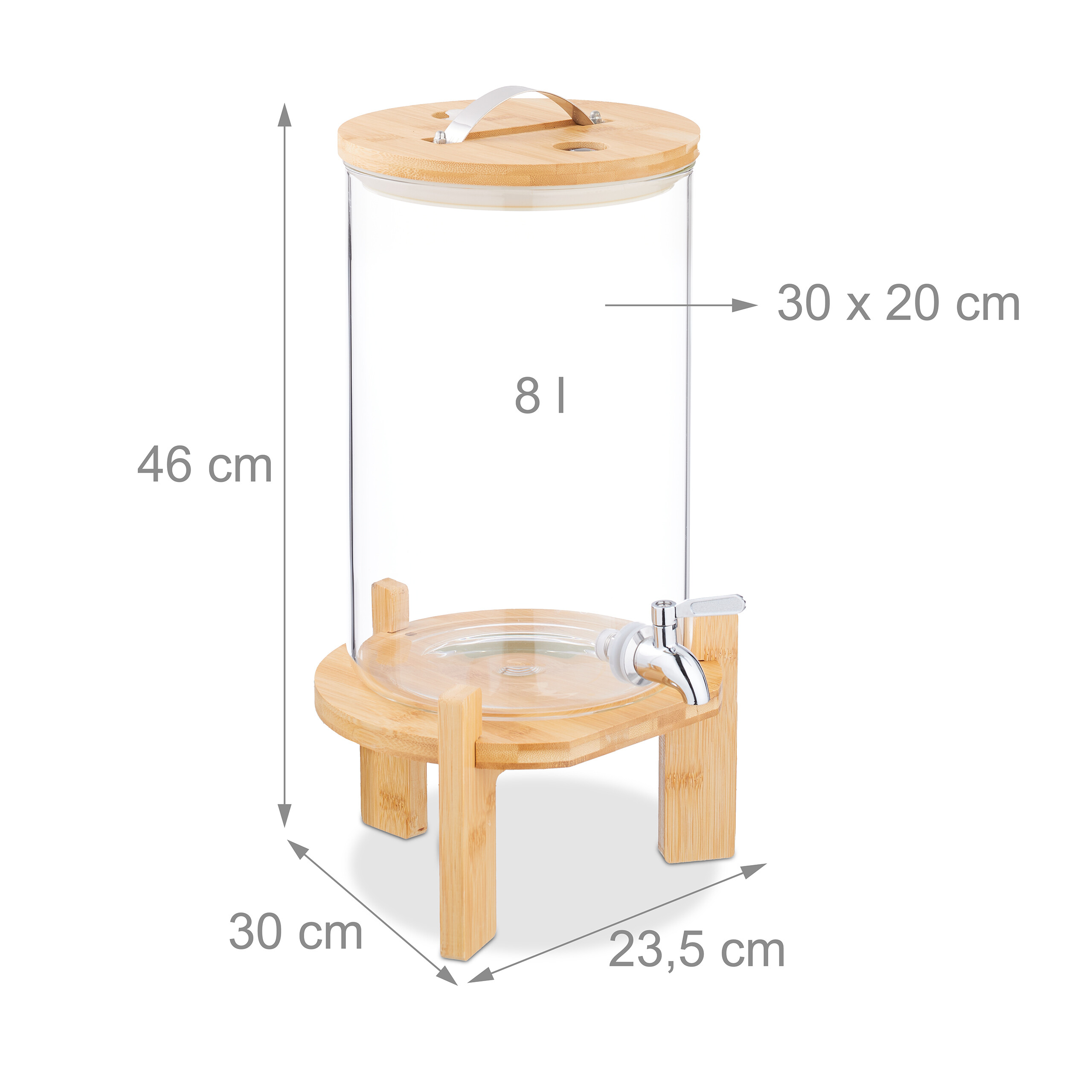 Transparenter 8L-Getränkespender mit Holzdeckel und -standfuß, mit Maßen.