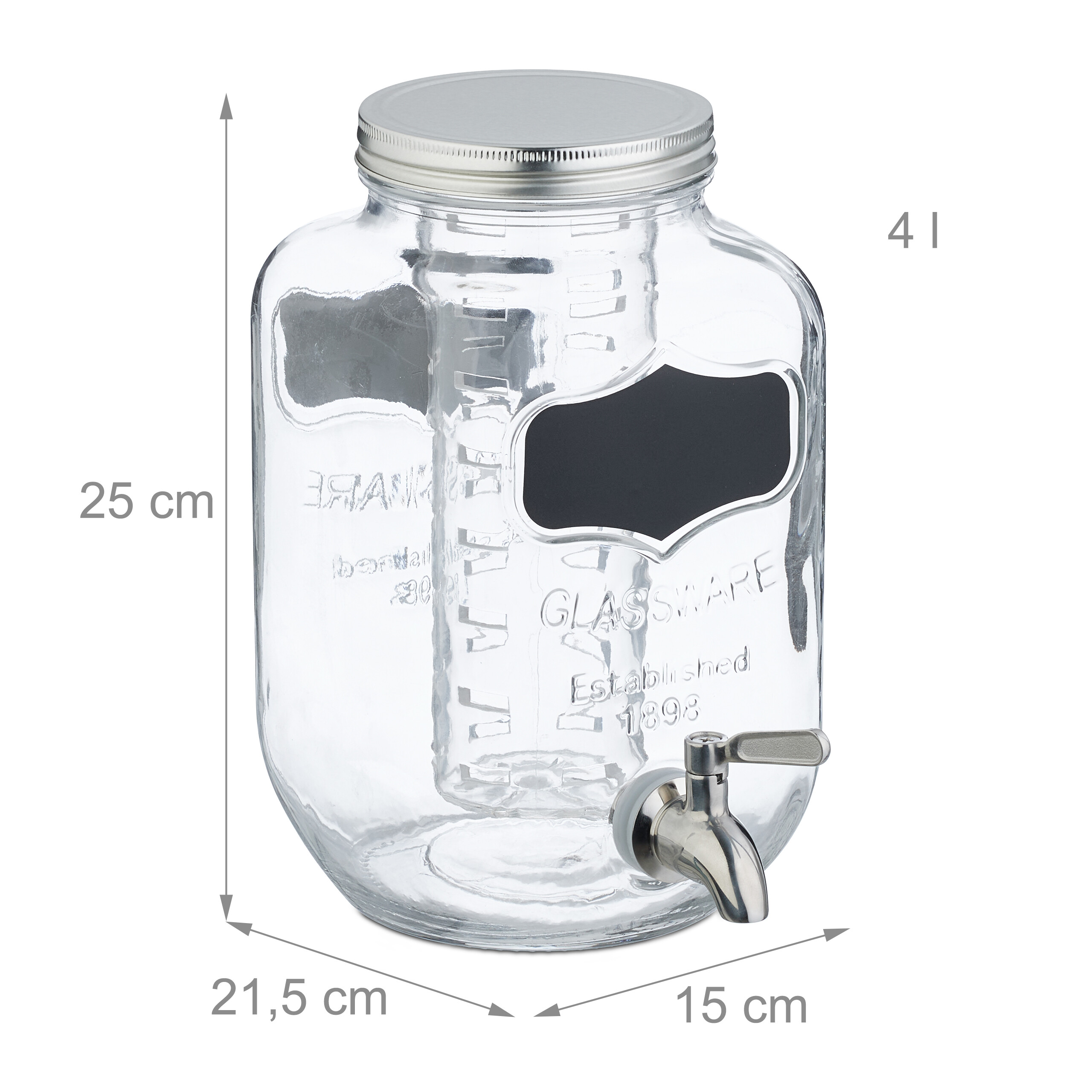 Ein 4-Liter-Glas-Getränkespender mit Metalldeckel, Zapfhahn, integriertem Fruchteinsatz und Maßangaben.