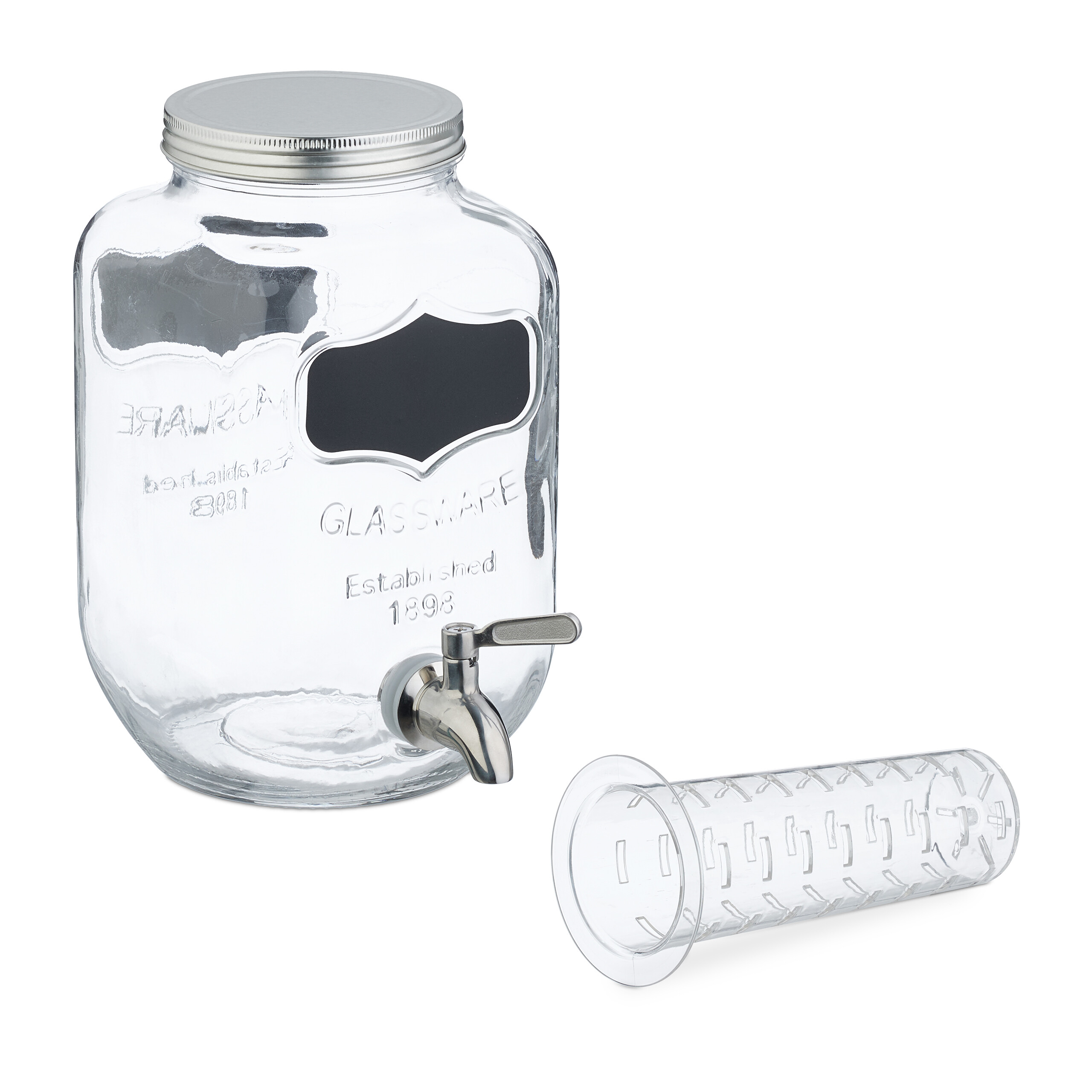 Ein großer Glas-Getränkespender mit silbernem Deckel, Zapfhahn und einem separaten Eiseinsatz auf weißem Grund.