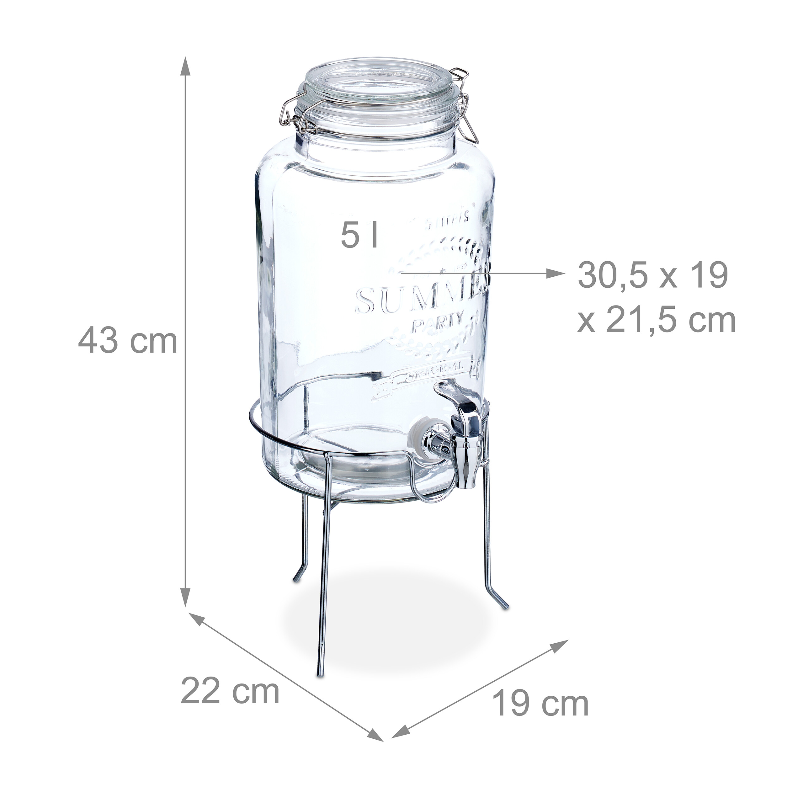 Glas-Getränkespender 5L mit Metallständer und Maßen von 43x22x19 cm auf weißem Hintergrund.