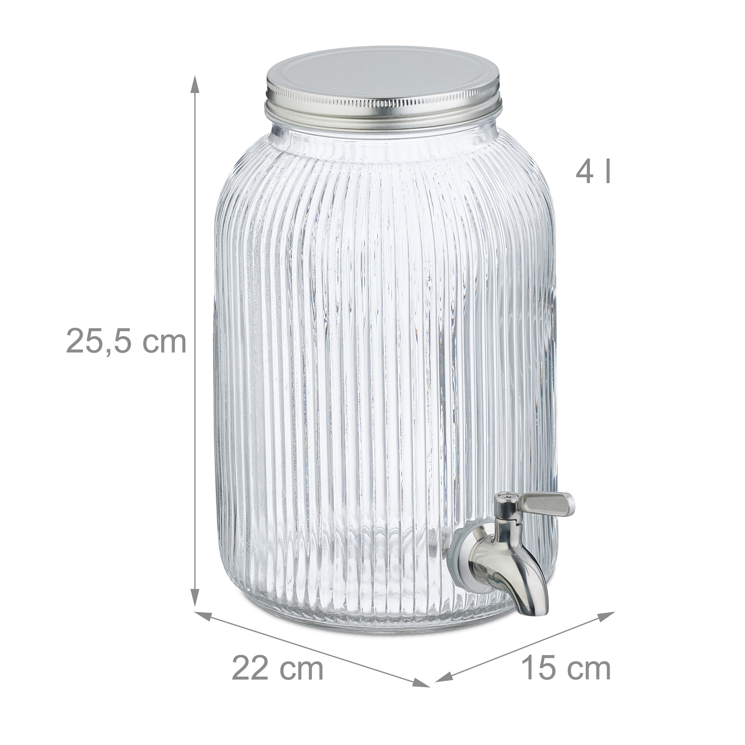 Gerillter 4L-Getränkespender aus Glas mit Silberdeckel, Hahn und Maßangaben.