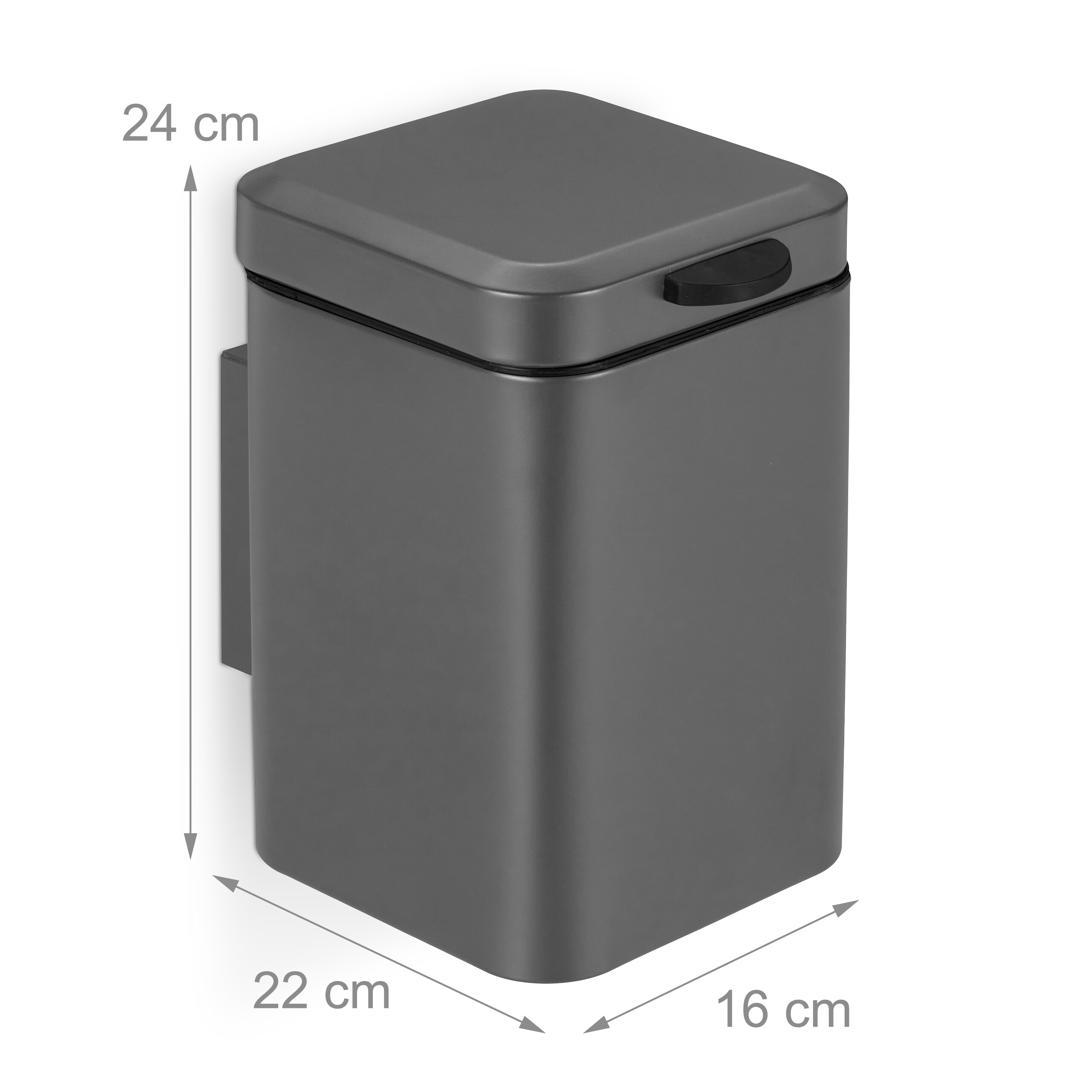 Grauer rechteckiger Treteimer mit den Maßen 24x22x16 cm auf weißem Hintergrund.