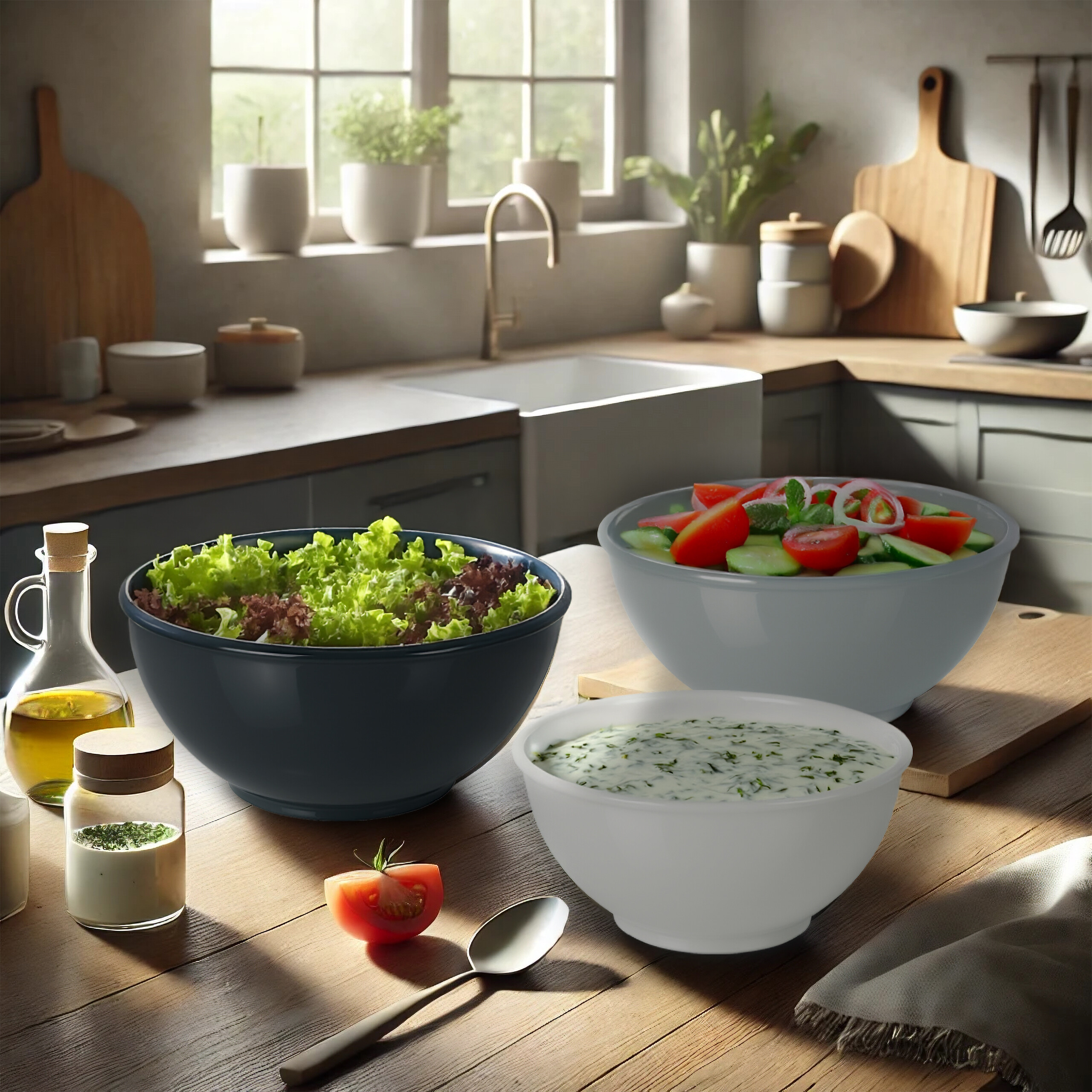 Eine Küchentheke mit Salatschüsseln, Dressing und Öl, Spüle und Fenster im hellen Hintergrund.
