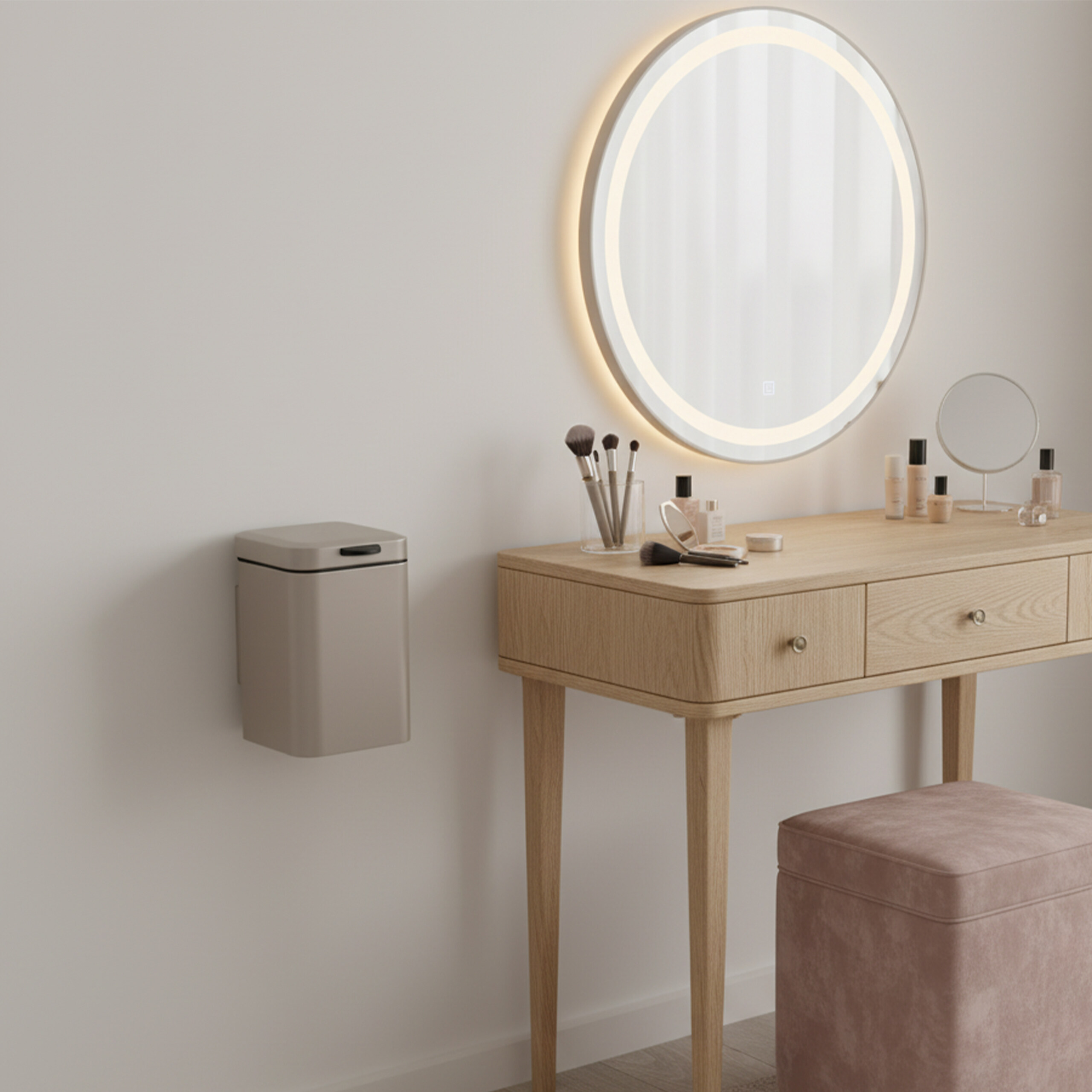 Ein beiges Frisiertischchen mit beleuchtetem Rundspiegel, Make-up, rosa Hocker und Wandmülleimer.