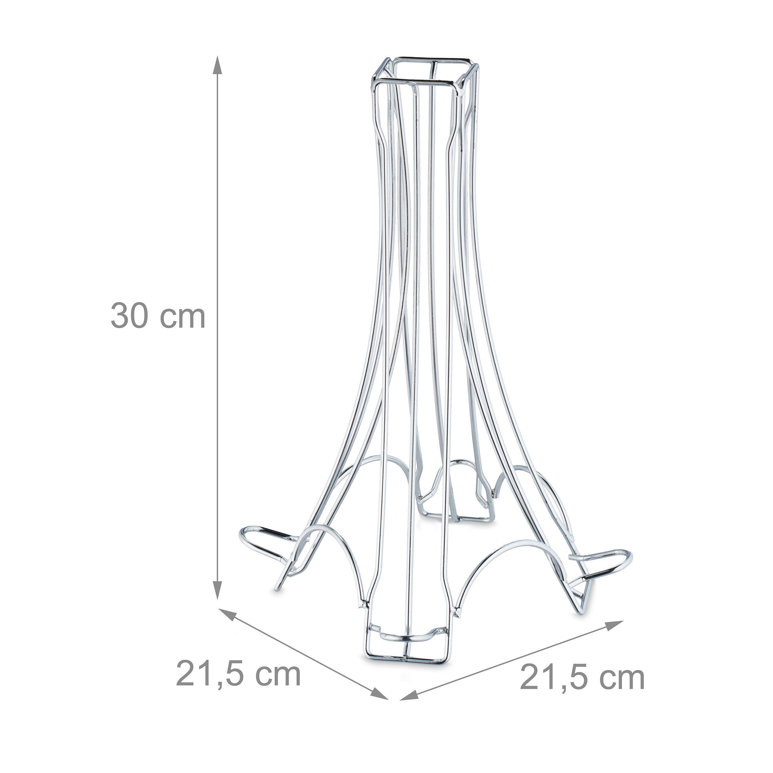 Metallener Ständer mit Maßen von 30 cm Höhe und 21,5 cm Breite sowie Tiefe.