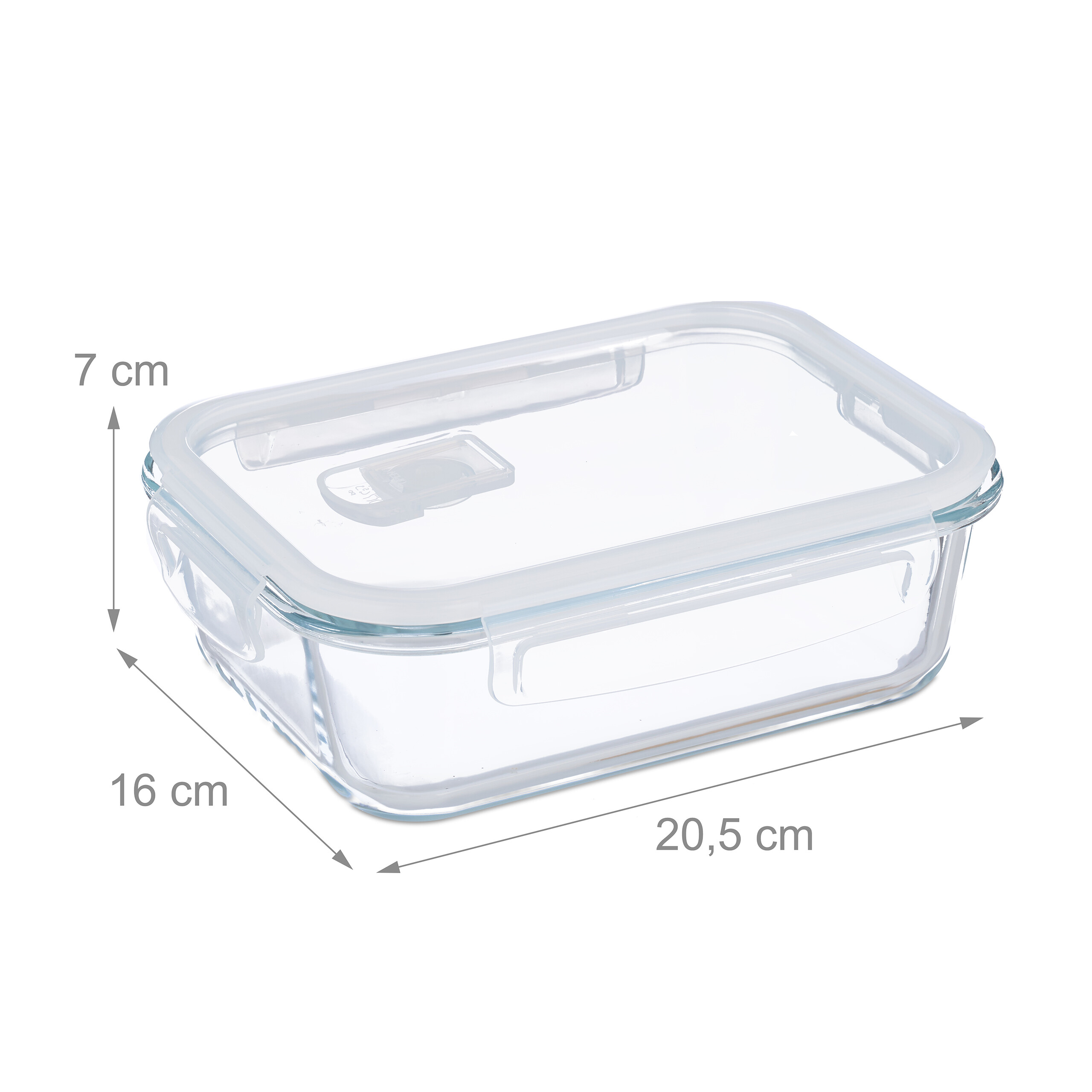 Transparente Frischhaltebox aus Glas mit Deckel und Maßen: 20,5 x 16 x 7 cm.