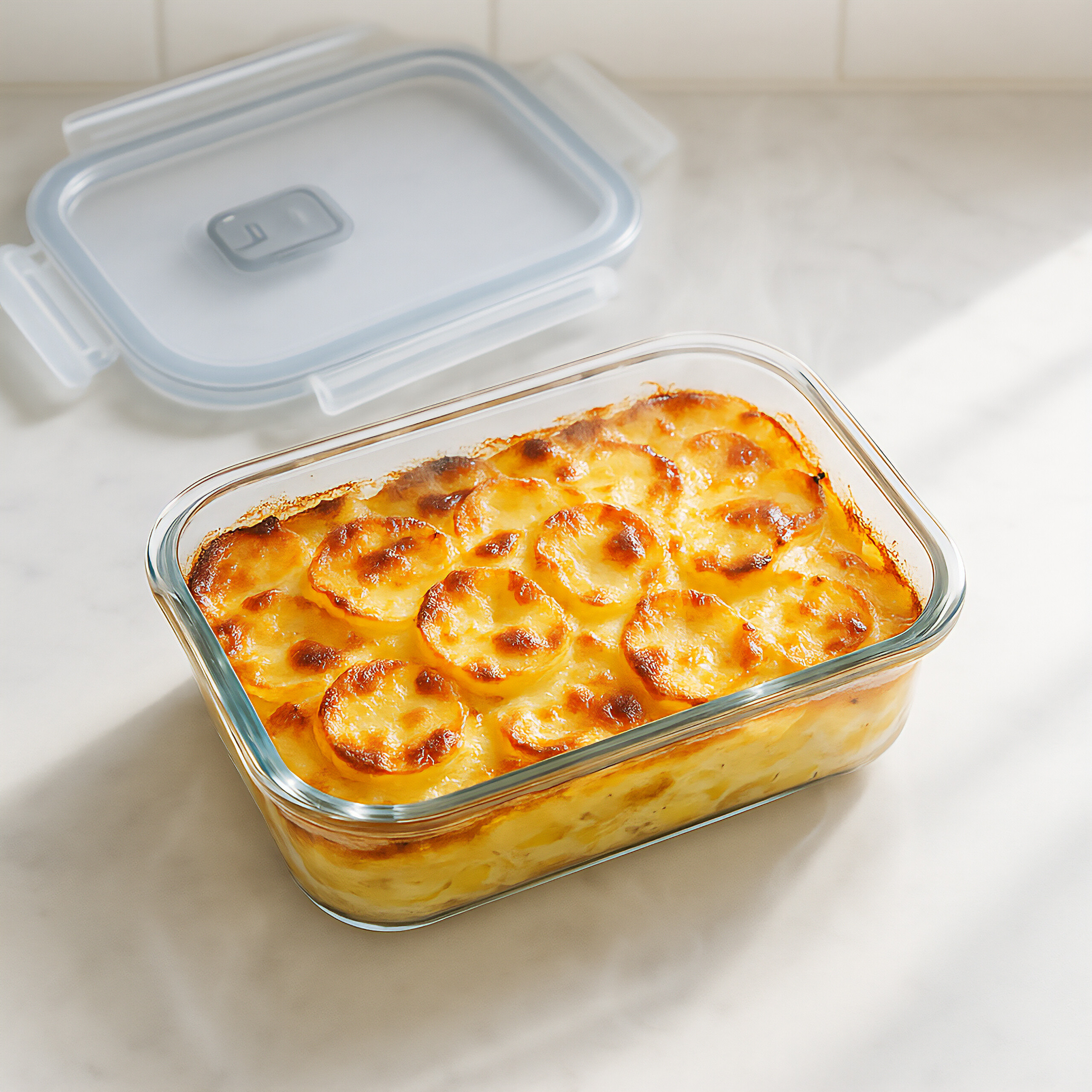 Ein Glasbehälter mit gebackenem Kartoffelauflauf steht auf einer hellen Oberfläche, der Plastikdeckel daneben.