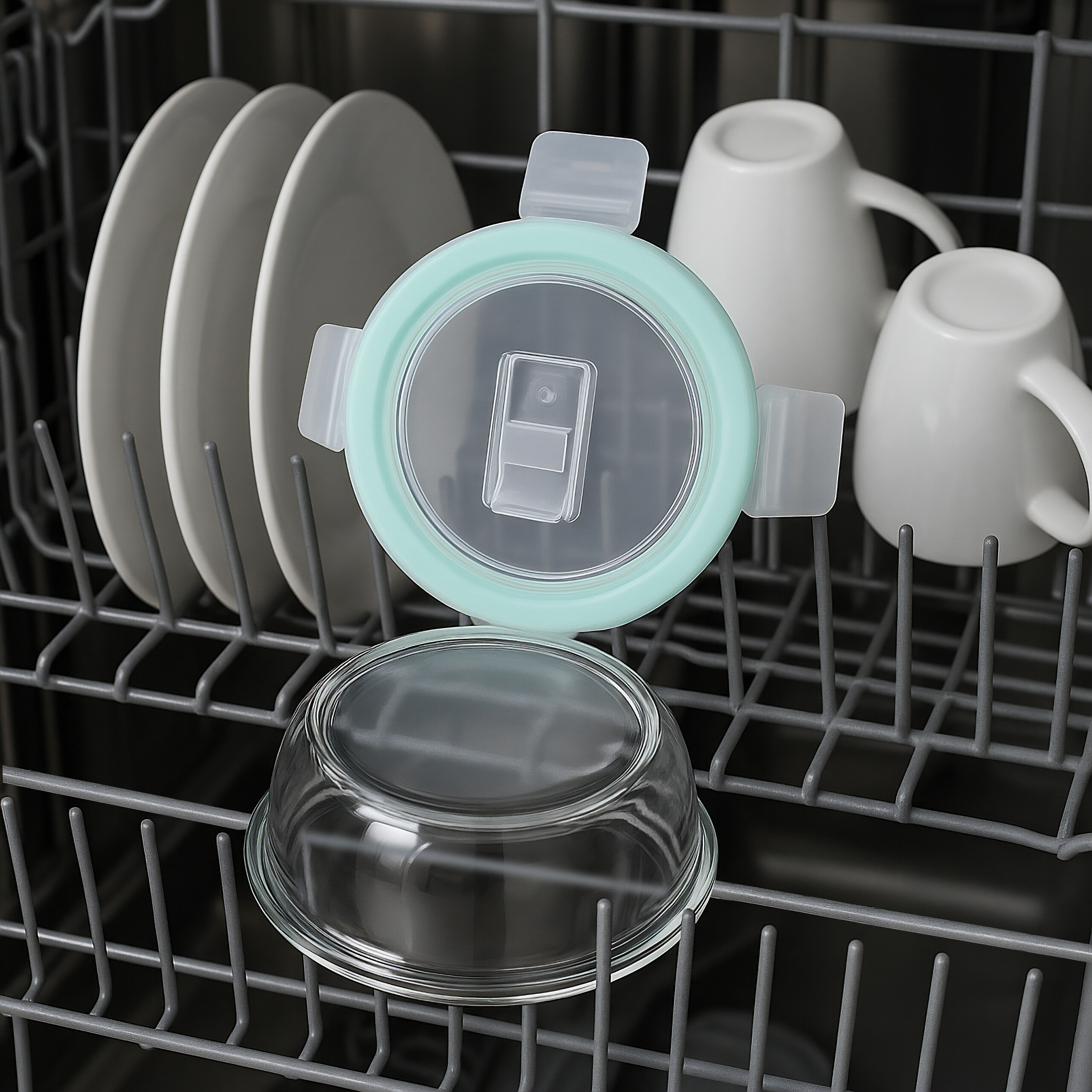 Geschirrspüler mit Tellern, Tassen und einer offenen Glasdose mit mintgrünem Deckel.