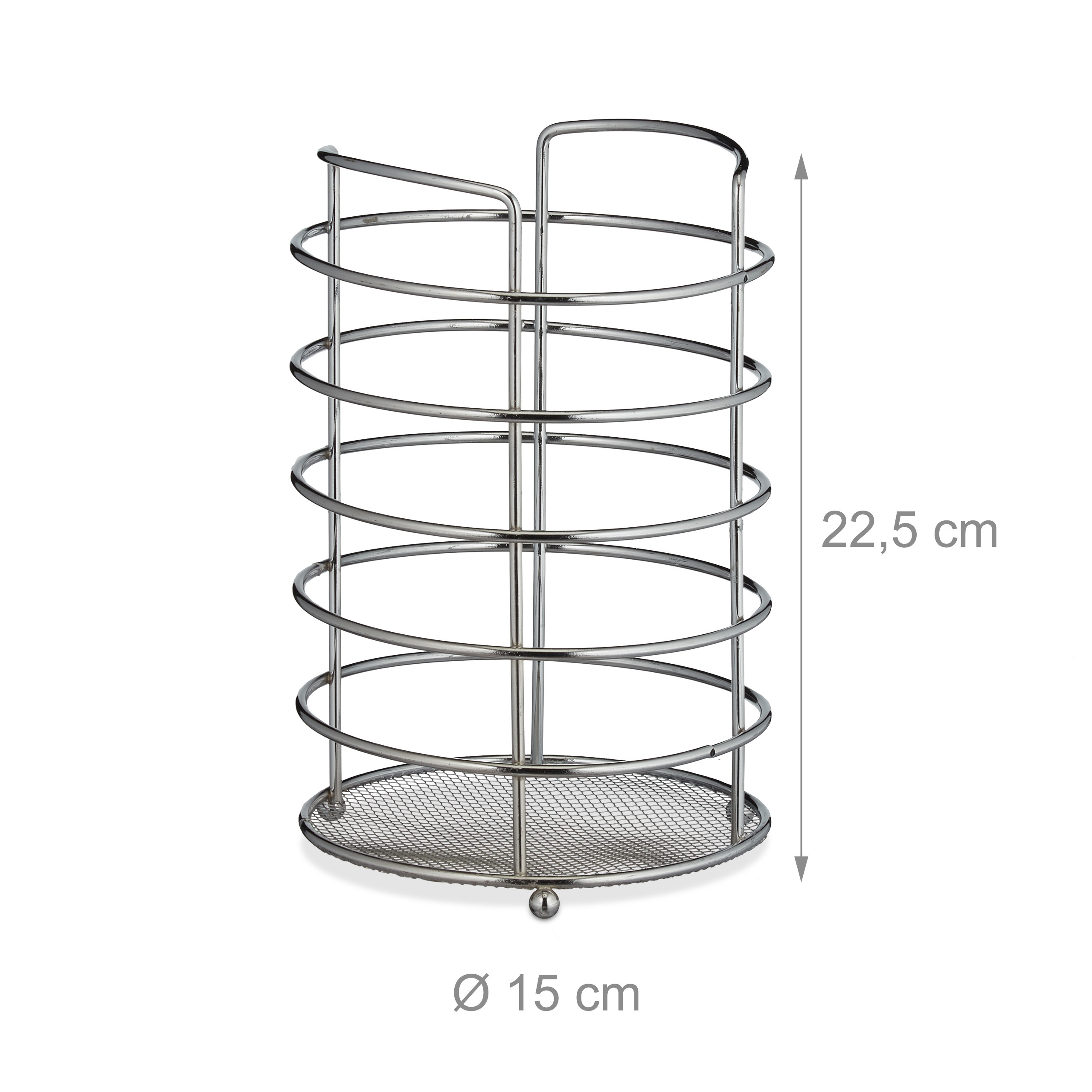 Silberner Metallbesteckhalter mit Maßen von 22,5 cm Höhe und 15 cm Durchmesser.
