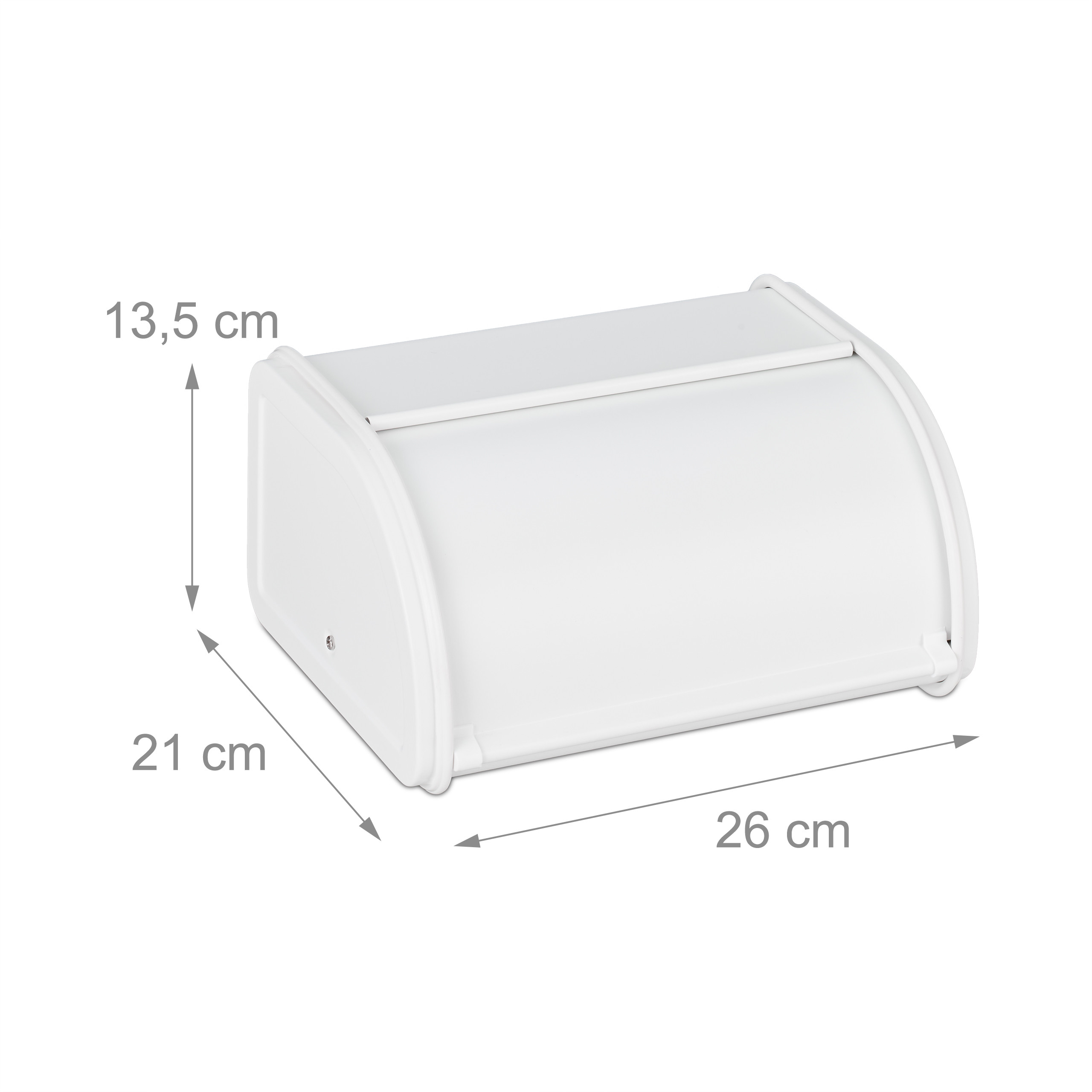 Weißer Brotkasten aus Metall mit Maßen: 26 cm Breite, 21 cm Tiefe und 13,5 cm Höhe.