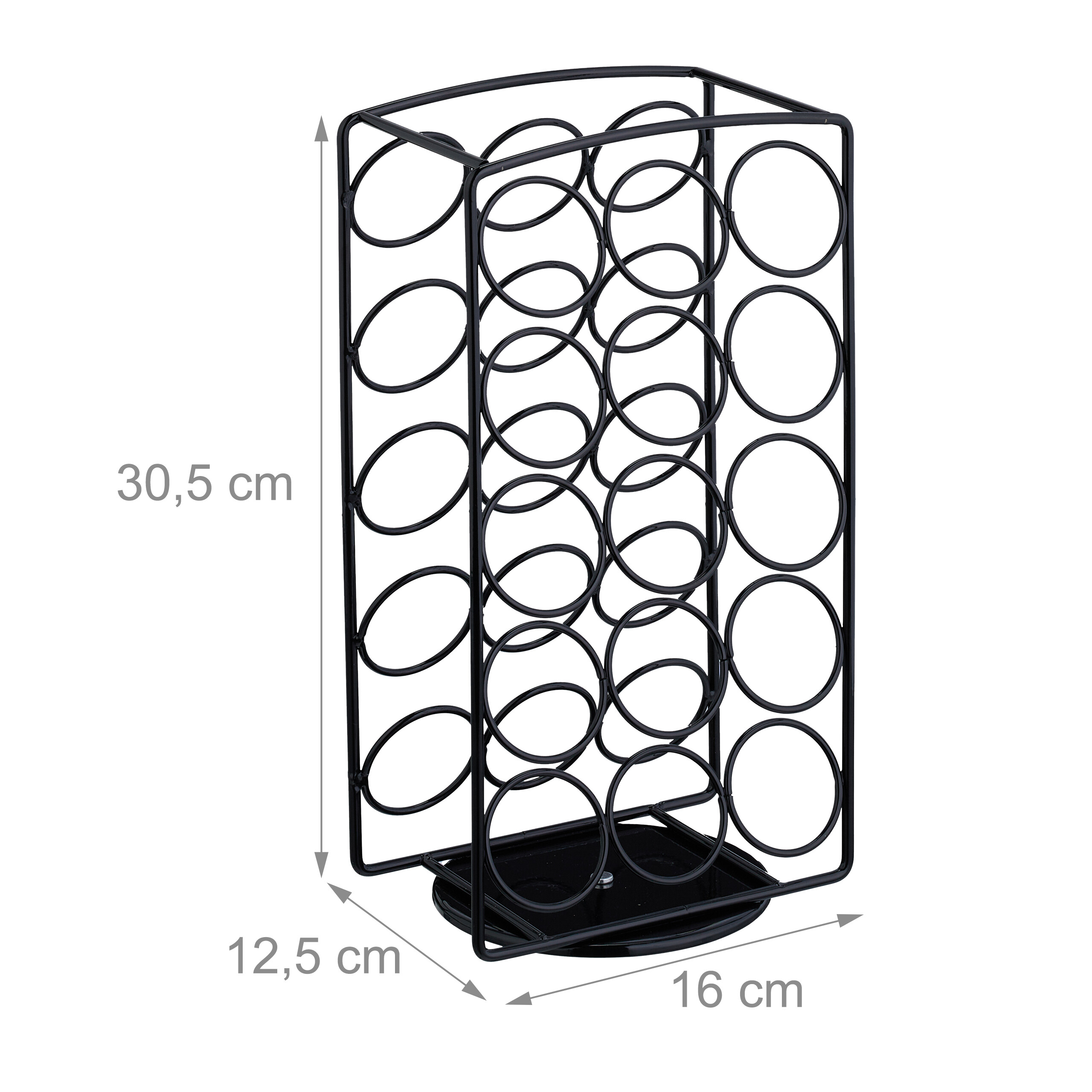 Schwarzes Metallflaschenregal mit Maßen von 30,5 x 16 x 12,5 cm vor weißem Hintergrund.