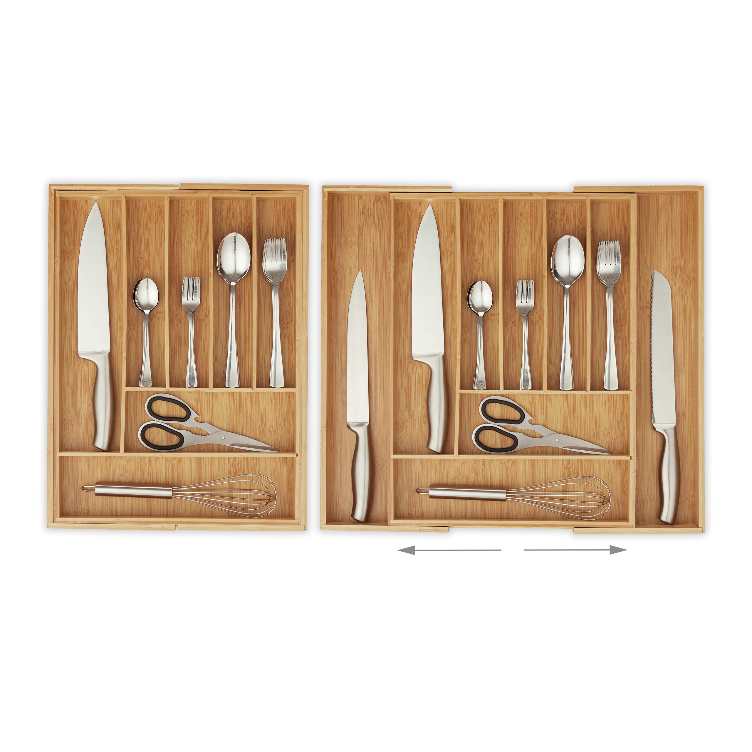 Zwei Holzbesteckkästen, einer geschlossen, einer ausgezogen mit Messer, Gabeln, Löffeln, Schere und Schneebesen.