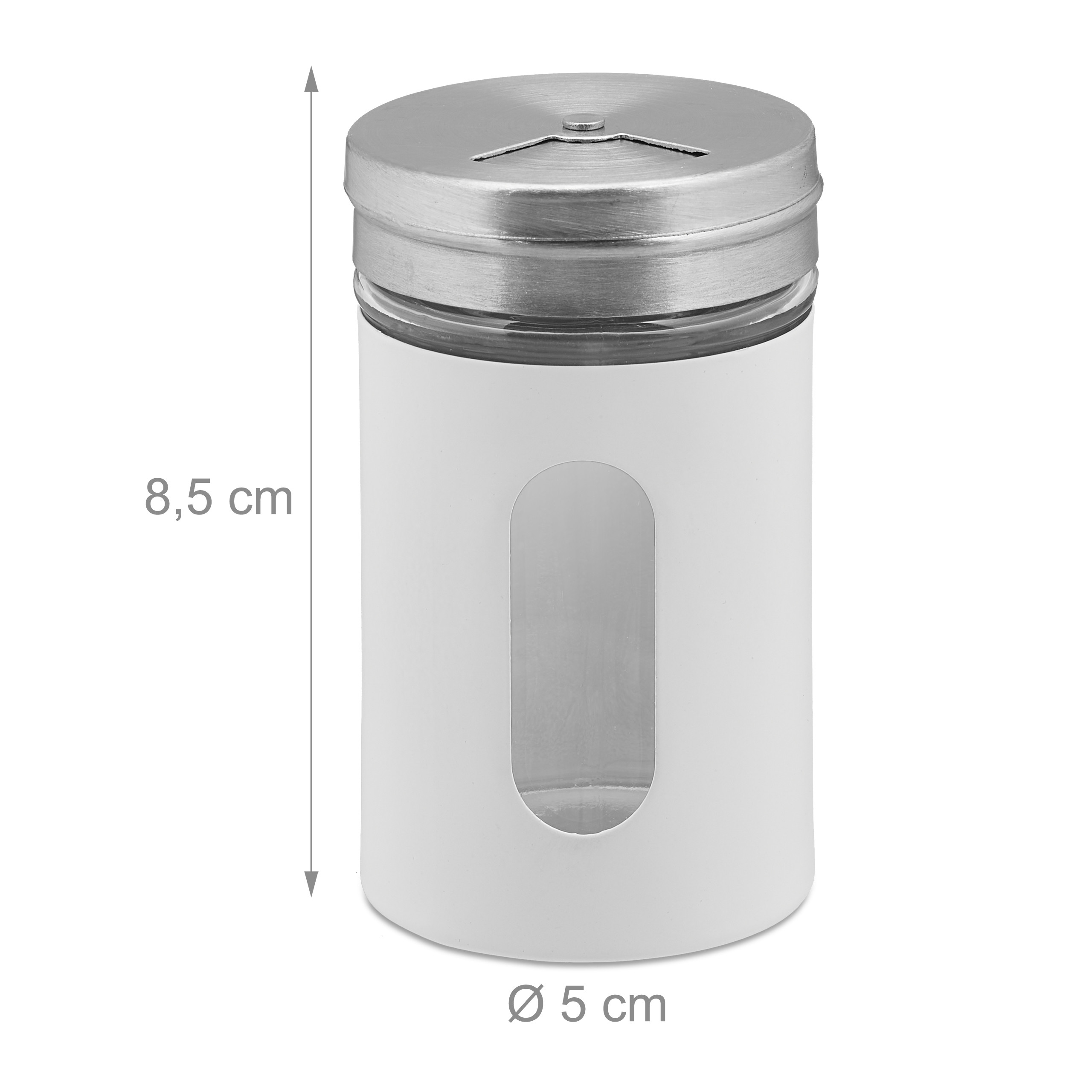 Ein weißes Vorratsglas mit silbernem Deckel und vertikalem Sichtfenster auf weißem Grund.