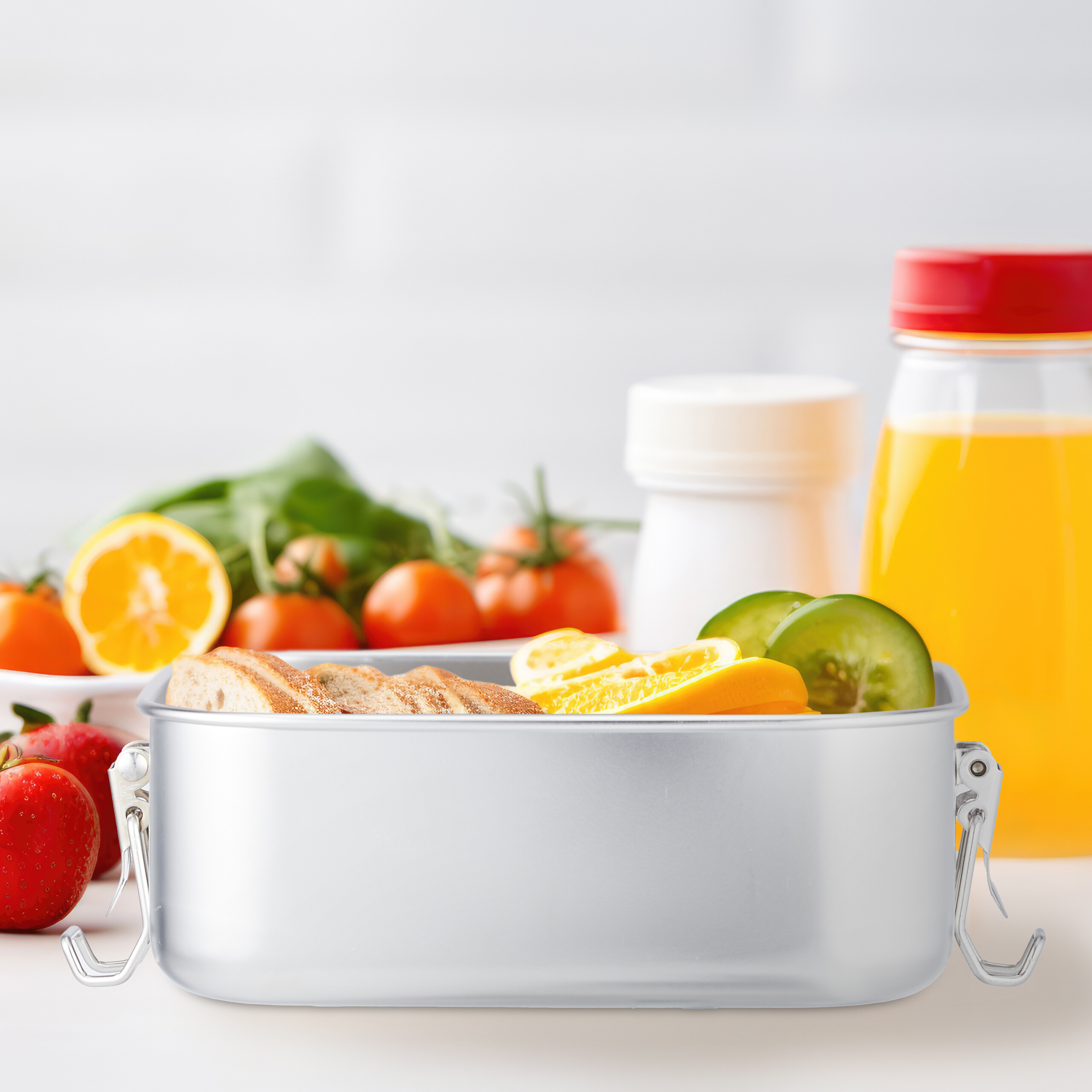 Eine offene Metall-Lunchbox mit Brot und Zitrusfrüchten, umgeben von frischem Gemüse und Orangensaft.