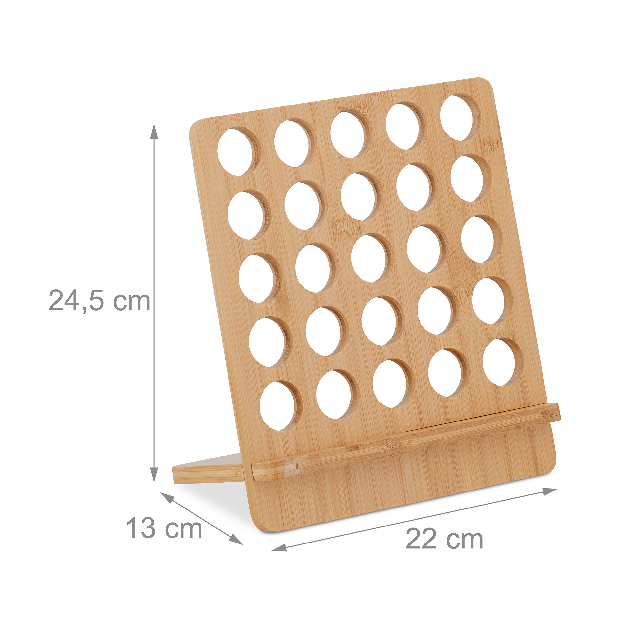 Bambus-Spielbrett mit Abmessungen 24,5 cm Höhe, 22 cm Breite und 13 cm Tiefe auf weißem Hintergrund.