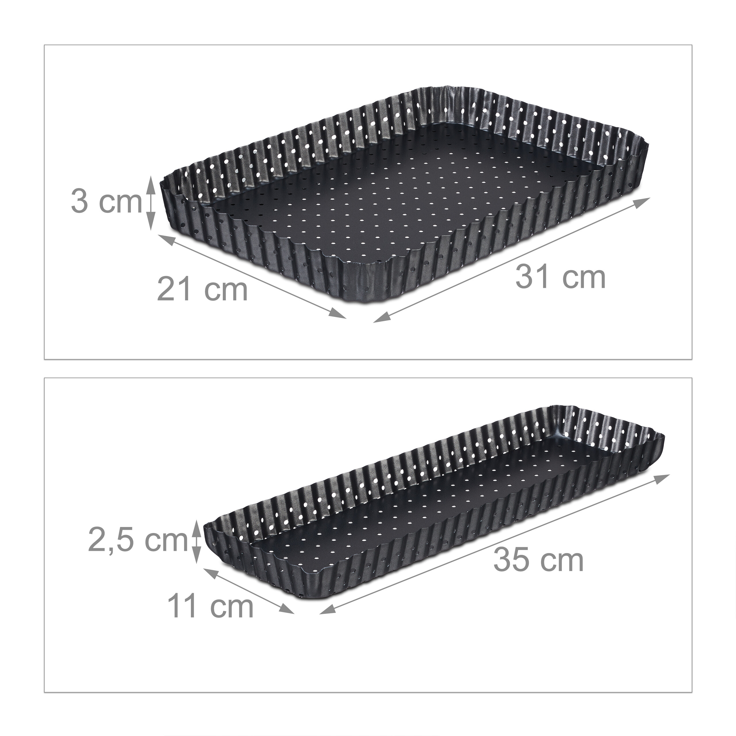 Zwei schwarze, perforierte Backbleche mit Maßangaben für Länge, Breite und Höhe.