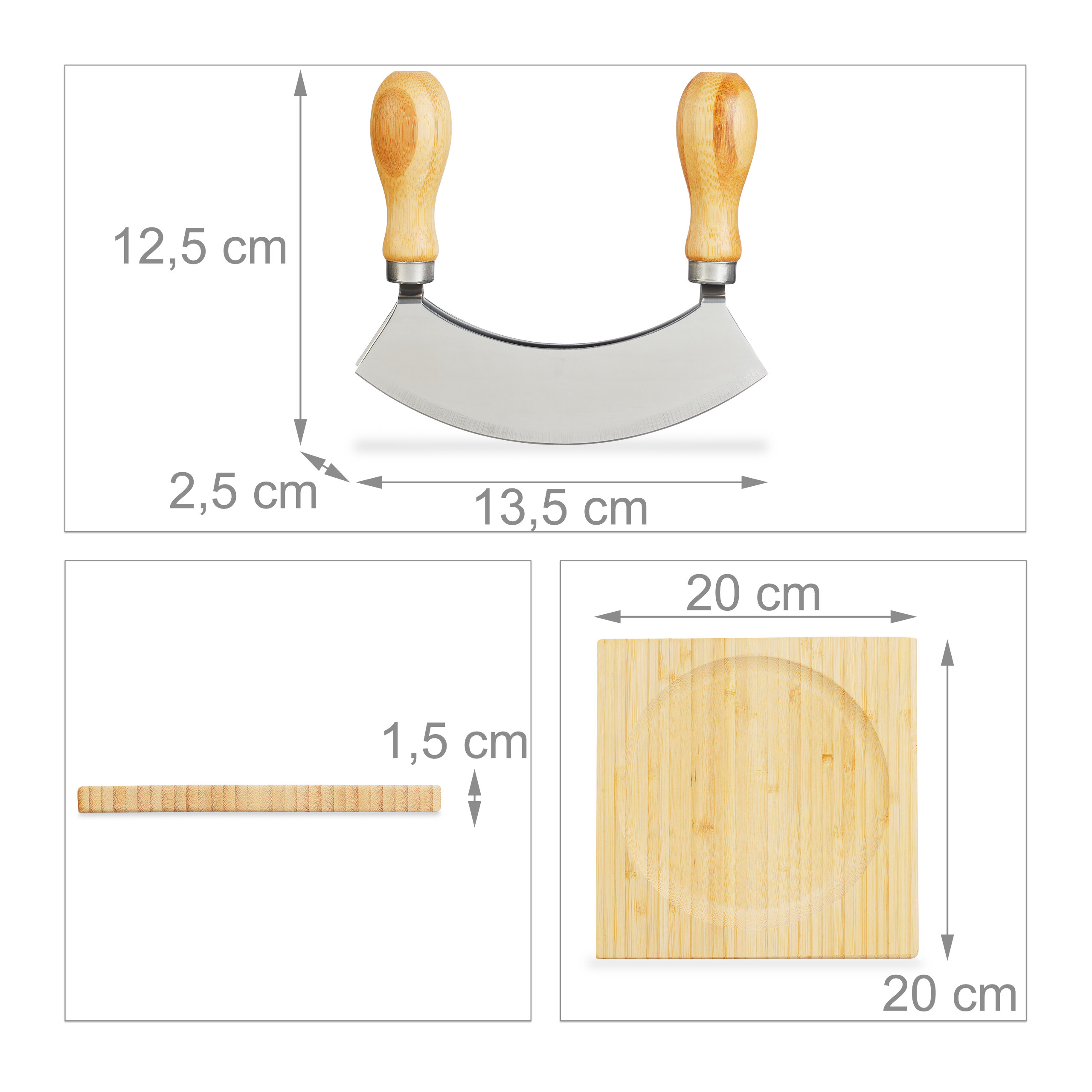 Wiegemesser mit Holzdurchmesser und Schneidebrett mit Maßangaben.