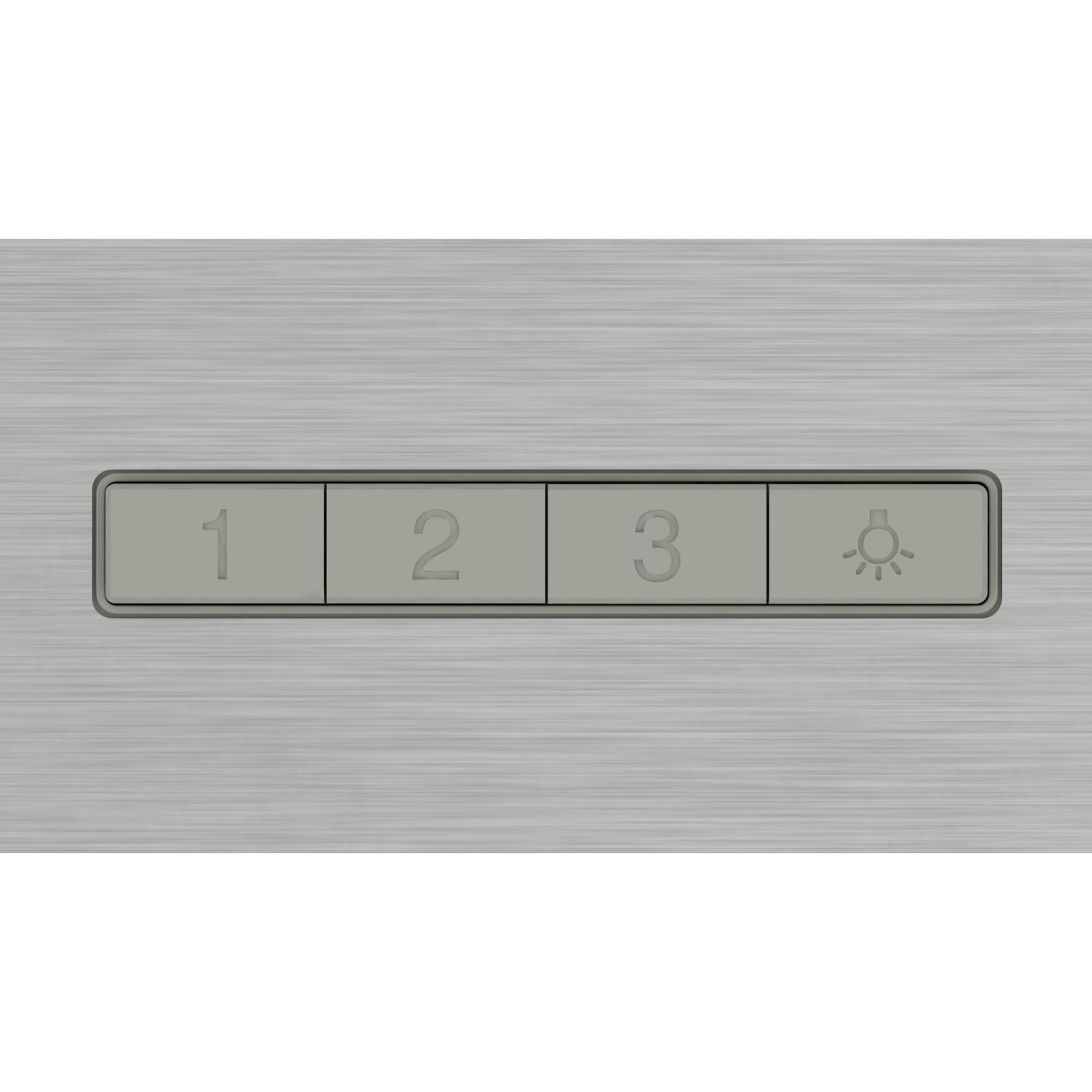 Ein silbernes Bedienfeld mit vier Tasten, beschriftet mit 1, 2, 3 und einem Lampensymbol.