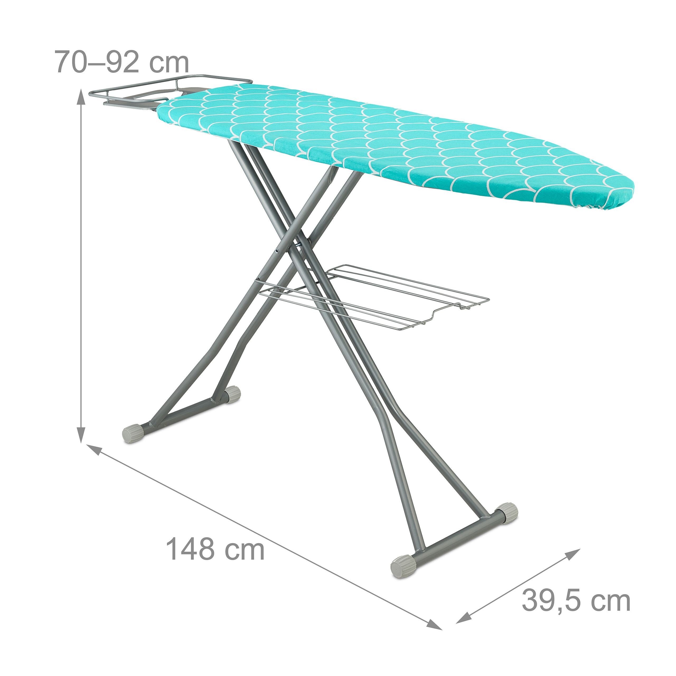 Bügelbrett mit blau-weißem Wellenmuster, Metallbeinen und Maßangaben in cm.