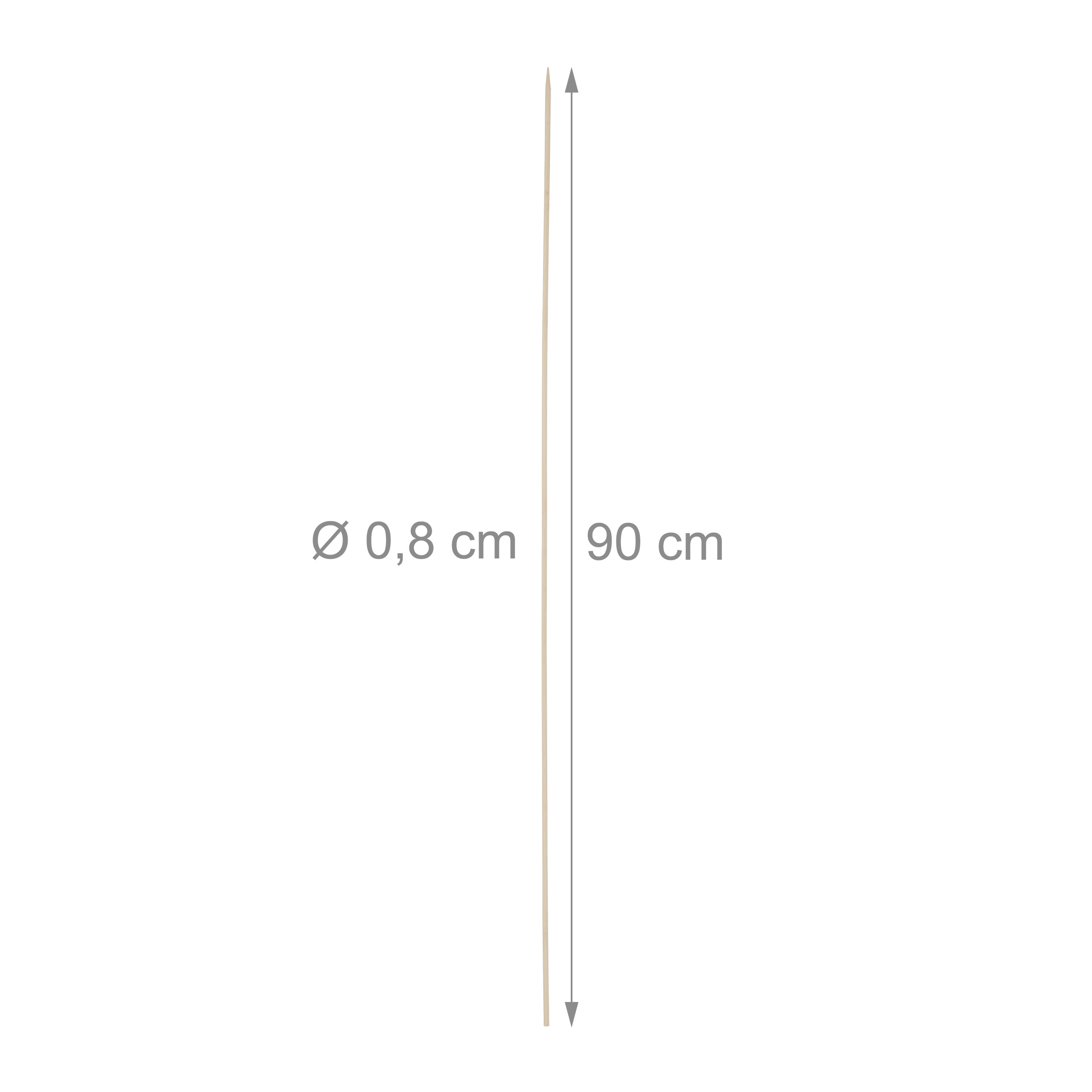 Ein dünner Holzdübel mit 0,8 cm Durchmesser und 90 cm Länge vor weißem Hintergrund.