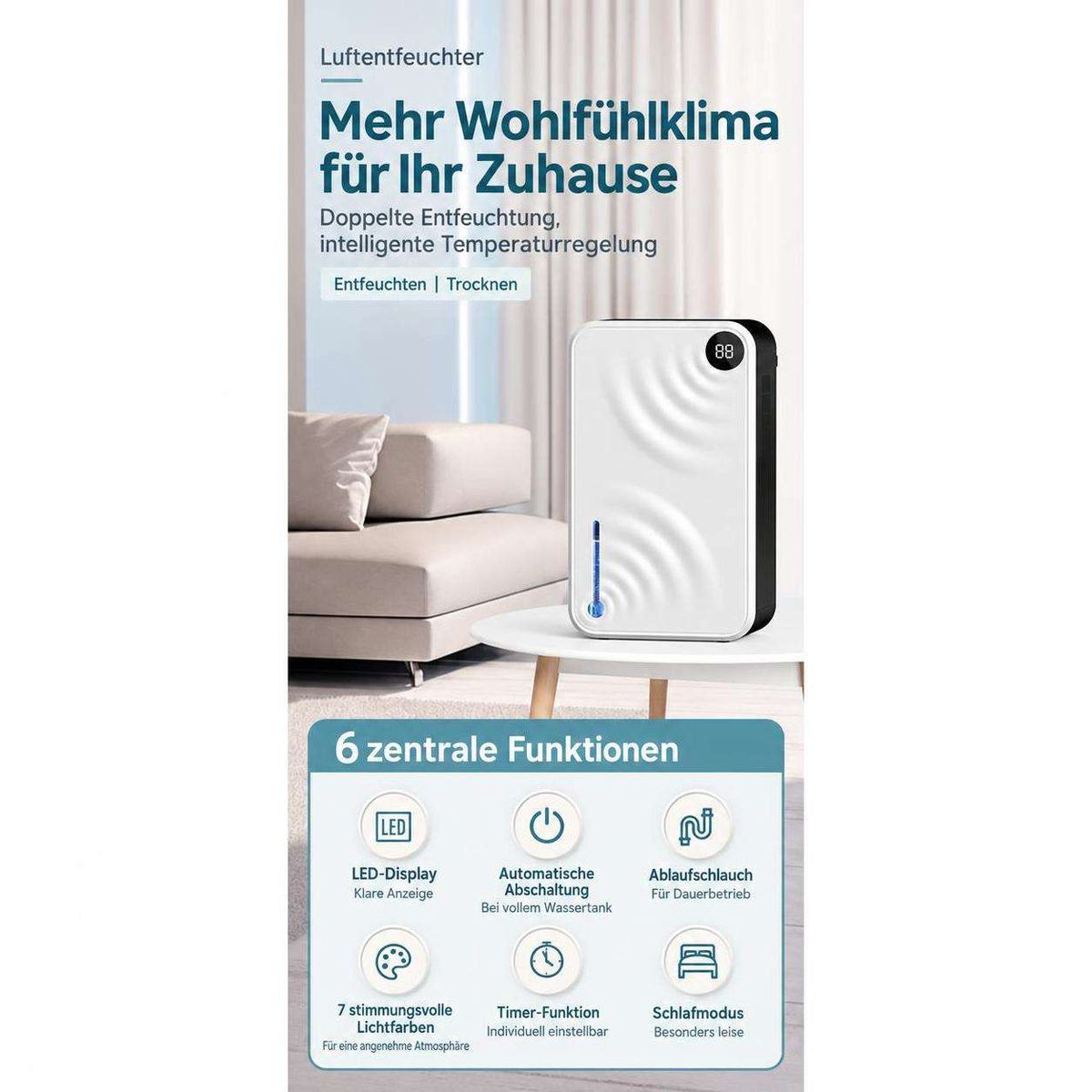 Ein weißer Luftentfeuchter steht auf einem Tisch in einem modernen Wohnzimmer mit Text- und Funktionsübersichten.