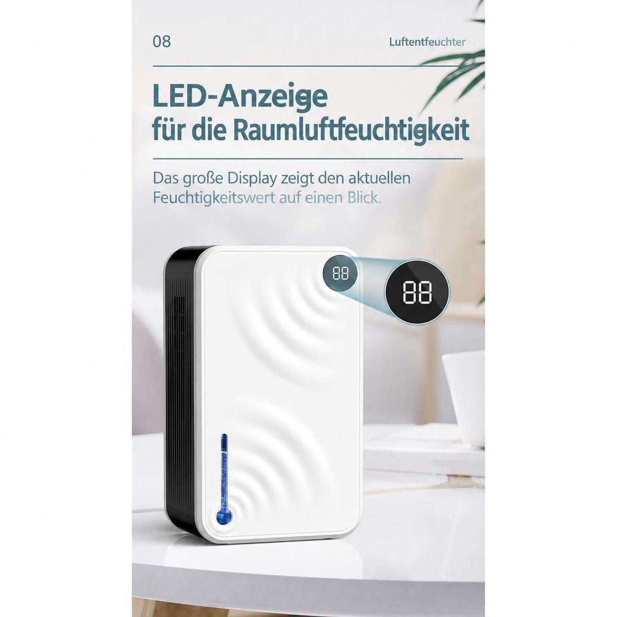 Weiß-schwarzer Luftentfeuchter mit LED-Display und Wasserstandsanzeige auf einem Tisch.