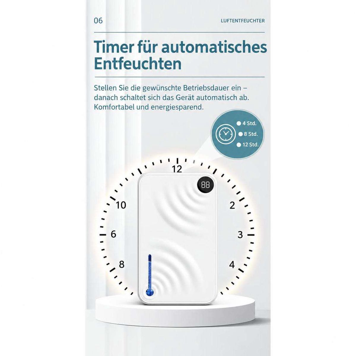 Dehumidifier timer feature infographic with a clock background and German text.