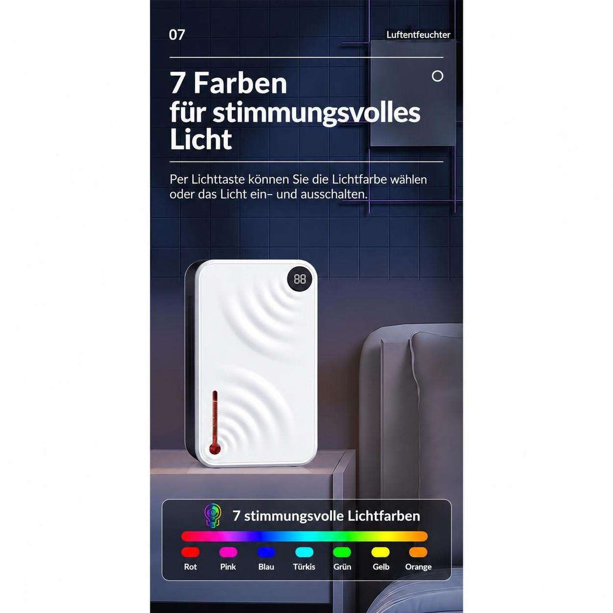 Ein weißer Luftentfeuchter mit digitalem Display und einer Farbleiste für sieben Stimmungslichtfarben.