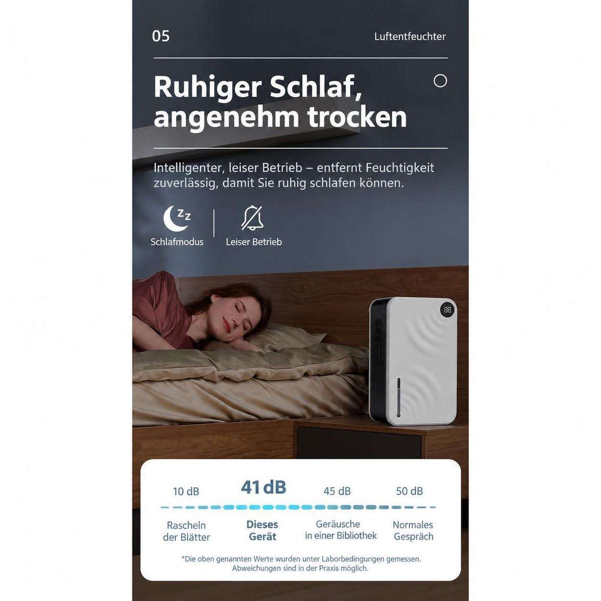 Ein Dehumidifier steht auf einem Nachttisch neben einer schlafenden Person im Bett, mit Text und Infografik.