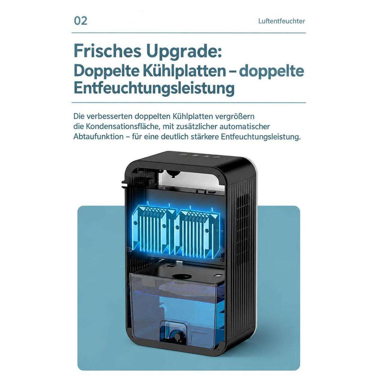 Ein schwarzer Luftentfeuchter mit doppelten blauen Kühlplatten und Wassertank.
