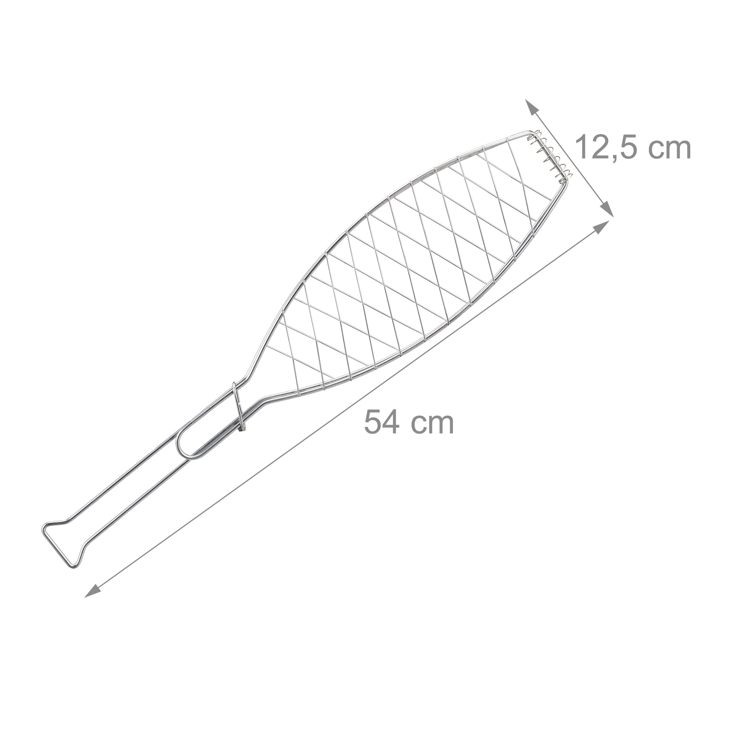 Silberner Fischgrillkorb mit Drahtgitter und Maßen von 54 cm und 12,5 cm.