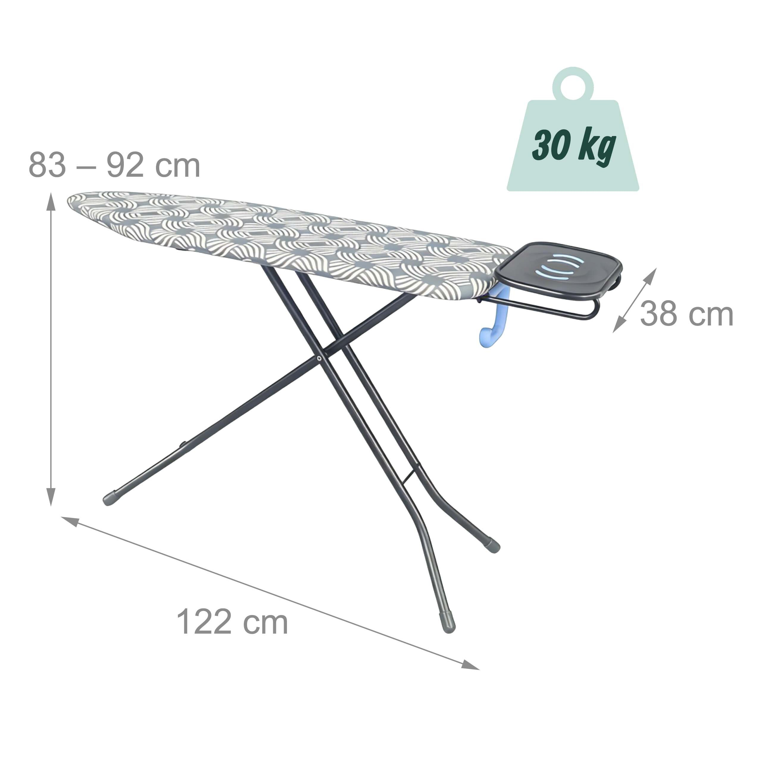 Bügelbrett mit grauem Muster, höhenverstellbar von 83 bis 92 cm, Länge 122 cm, Breite 38 cm, mit Ablage und 30 kg Last.