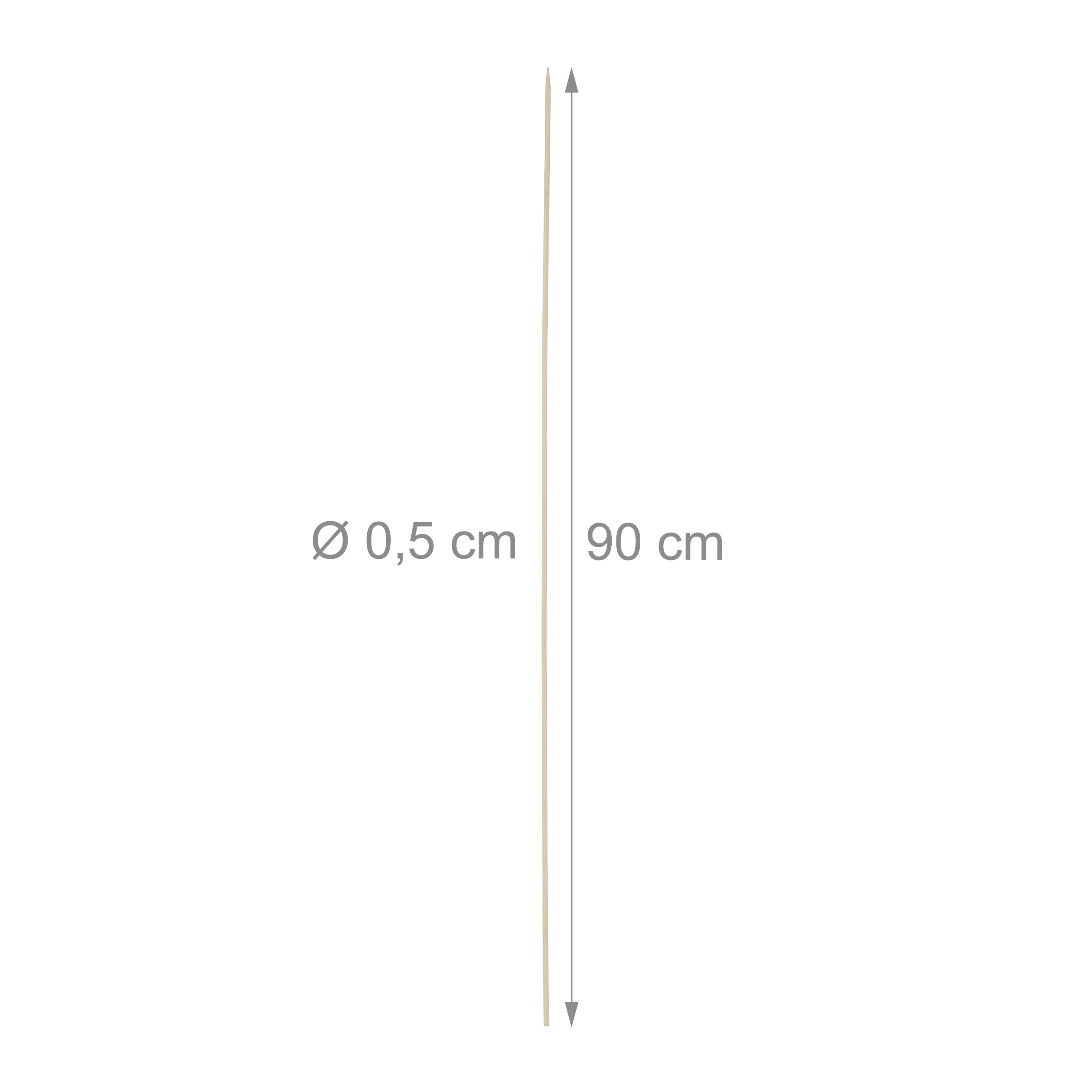 Ein technisches Diagramm zeigt einen dünnen Holzstab mit 0,5 cm Durchmesser und 90 cm Länge vor weißem Hintergrund.