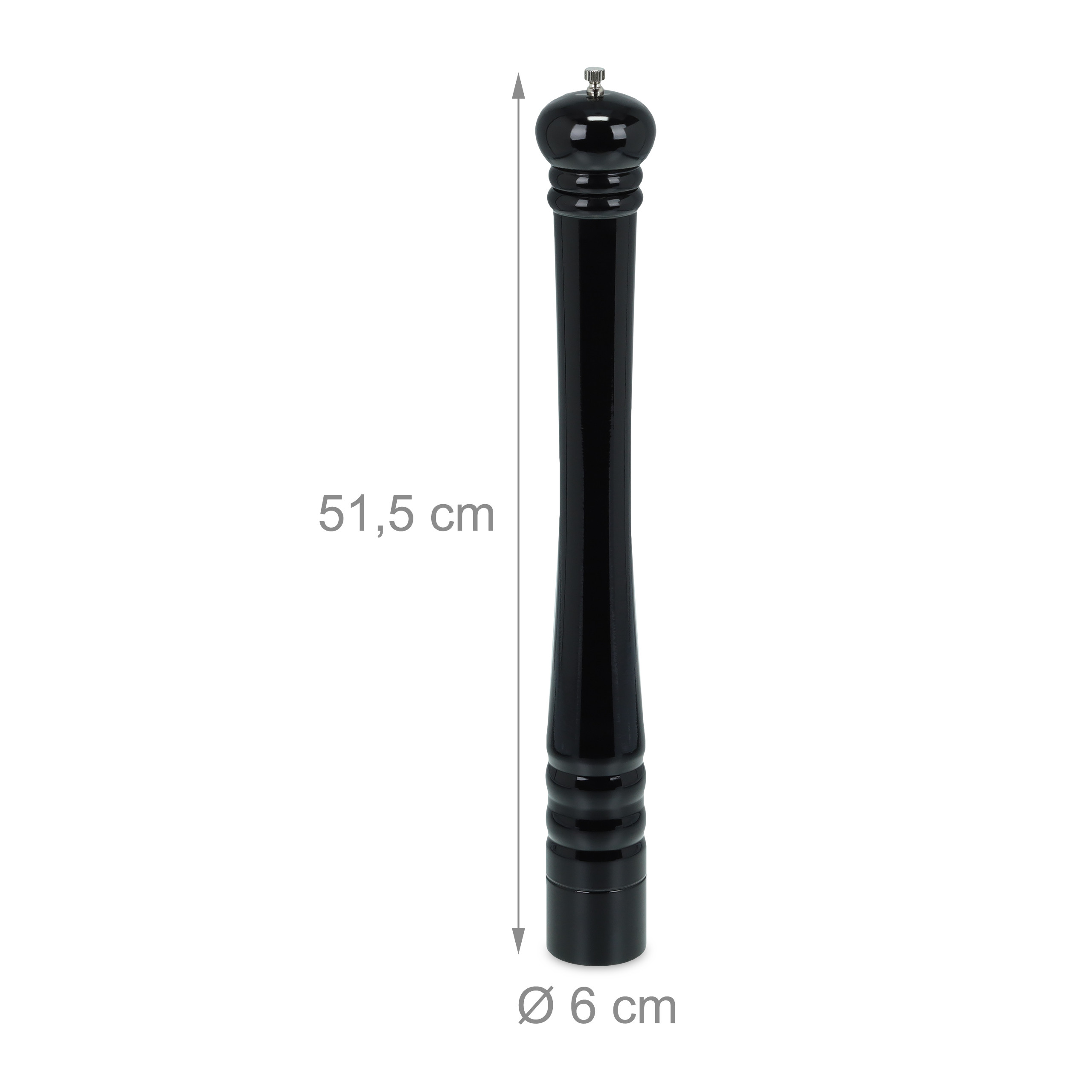 Glänzender schwarzer Pfeffermühle, 51,5 cm hoch und 6 cm im Durchmesser, vor weißem Hintergrund.