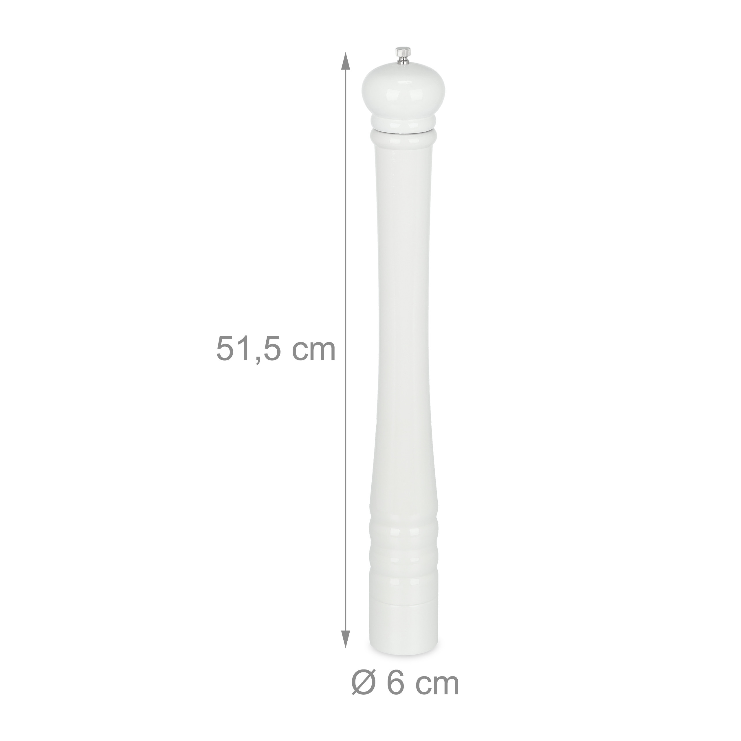 Hohe weiße Pfeffermühle mit Maßen von 51,5 cm Höhe und 6 cm Durchmesser auf weißem Hintergrund.