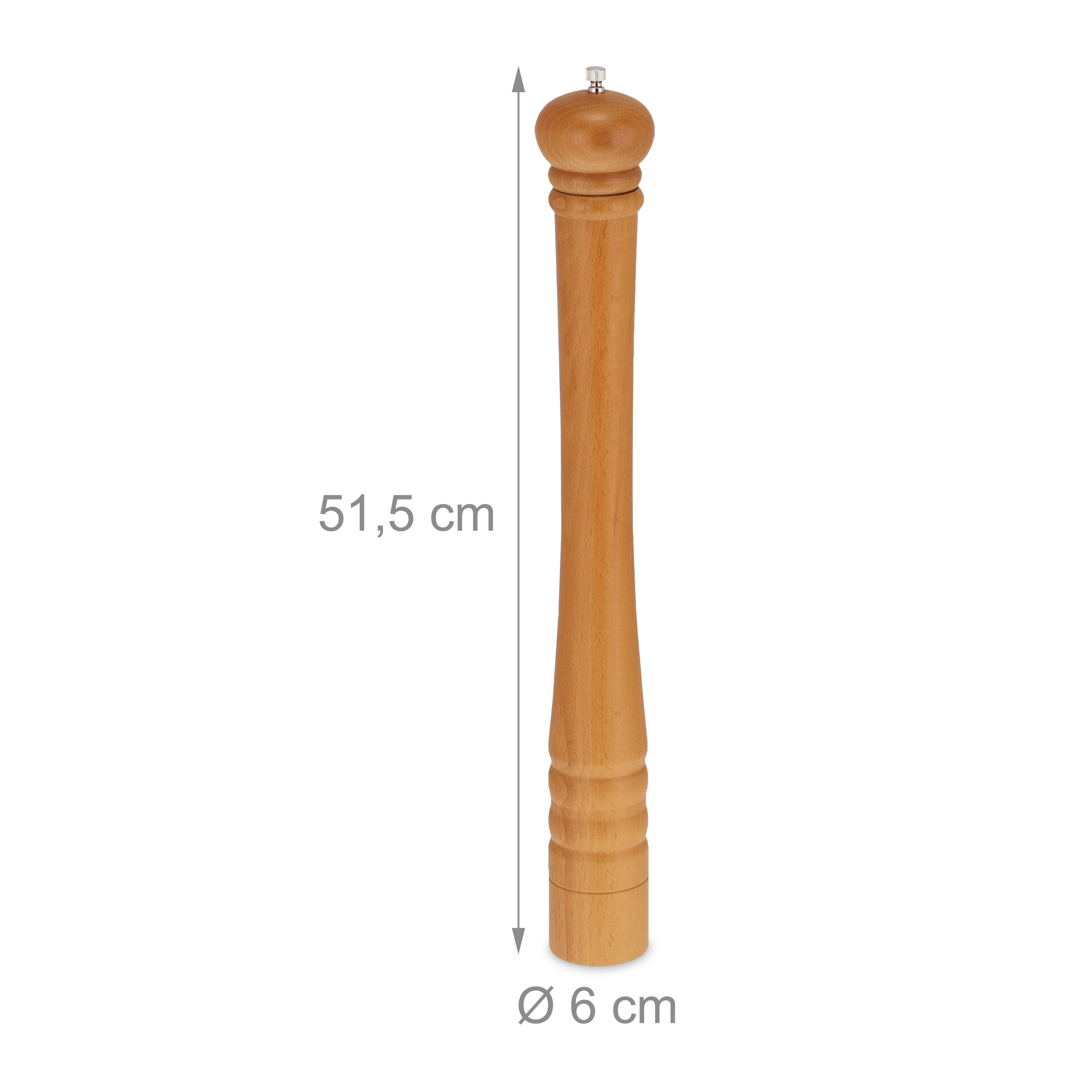 Eine hölzerne Pfeffermühle mit Maßen von 51,5 cm Höhe und 6 cm Durchmesser auf weißem Hintergrund.