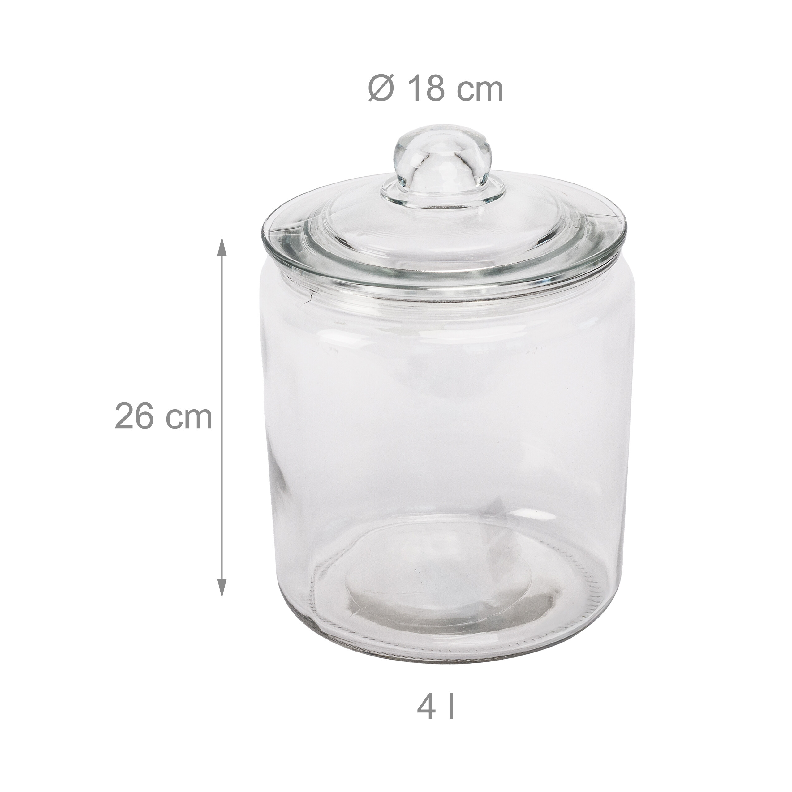 Ein großes, durchsichtiges Glasgefäß mit Deckel, Höhe 26 cm, Durchmesser 18 cm, Kapazität 4 Liter, auf weißem Hintergrund.