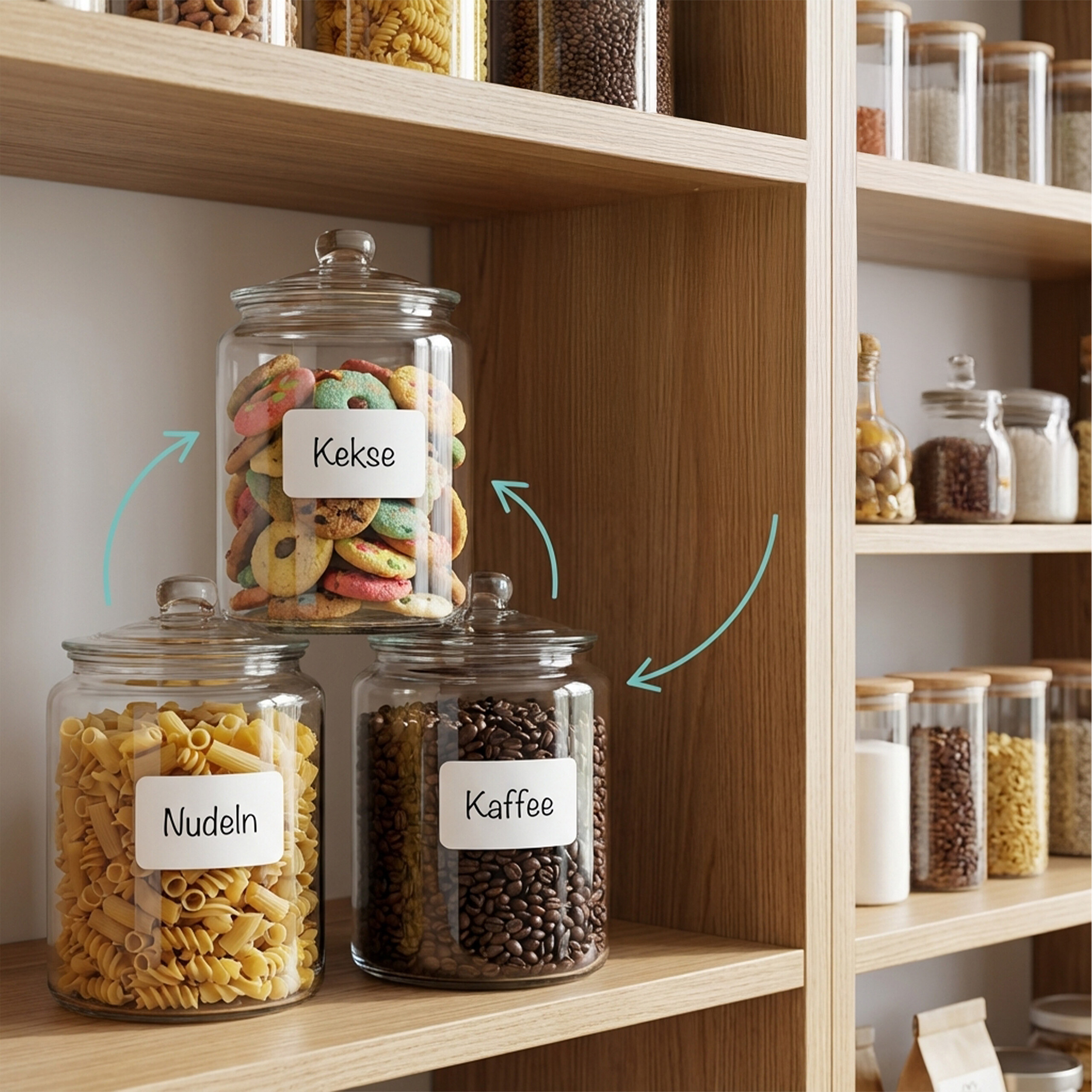 Holzregal mit Glasbehältern für Kekse, Nudeln und Kaffee mit Etiketten und Pfeilen.