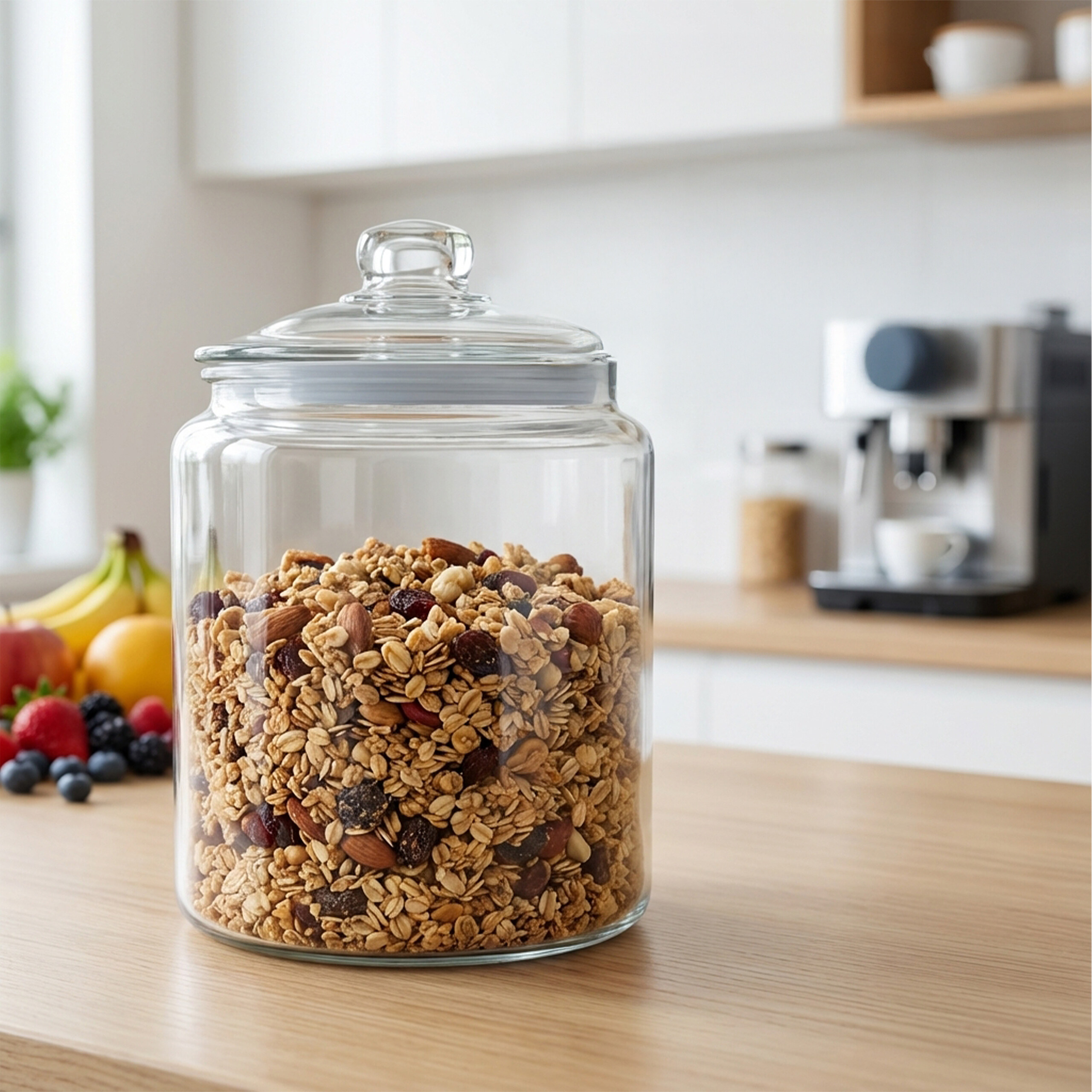 Ein großes Glasgefäß voller Müsli steht auf einer Holzarbeitsplatte in einer hellen Küche.