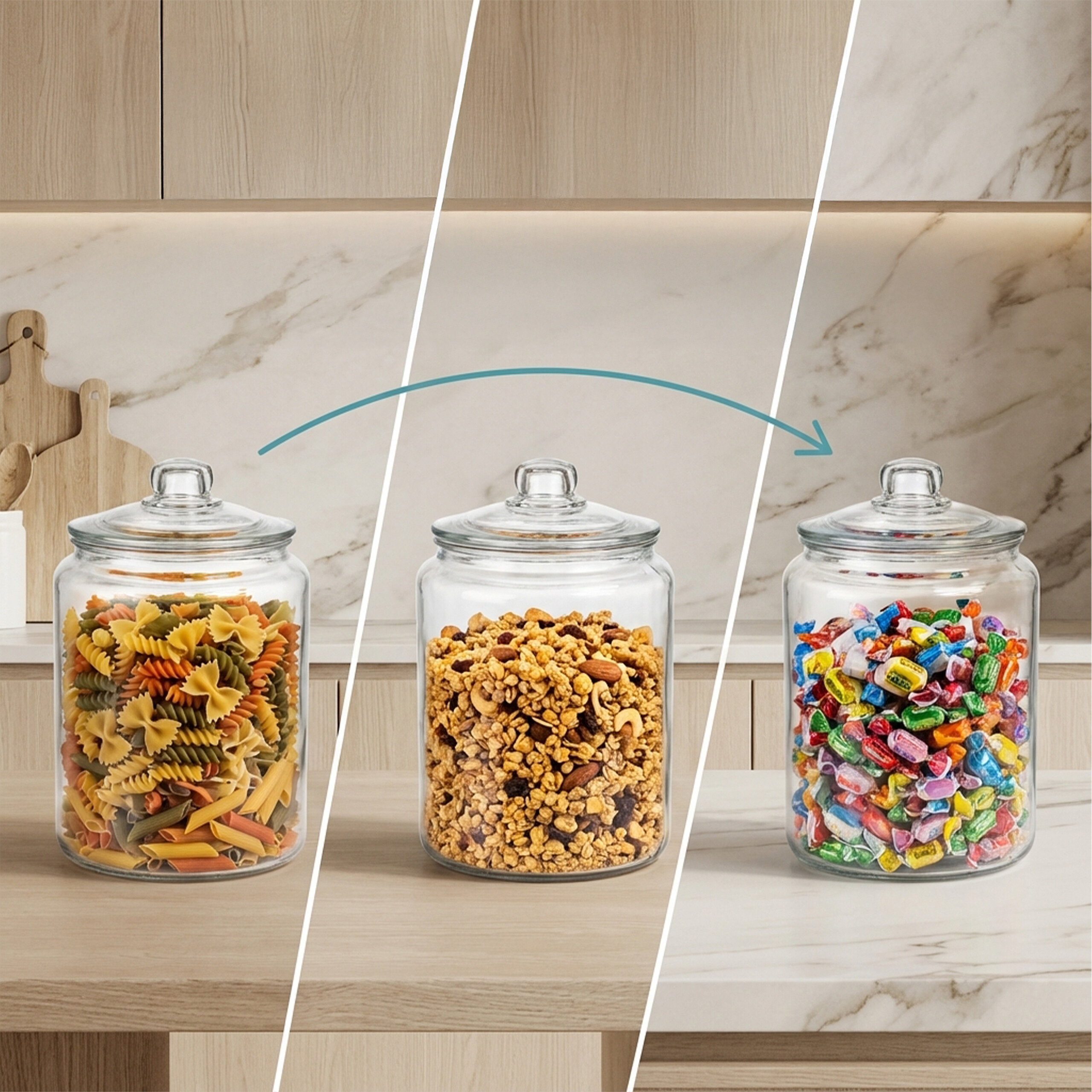 Drei Glasvorratsdosen auf der Küchenarbeitsplatte, gefüllt mit Nudeln, Müsli und bunten Bonbons.