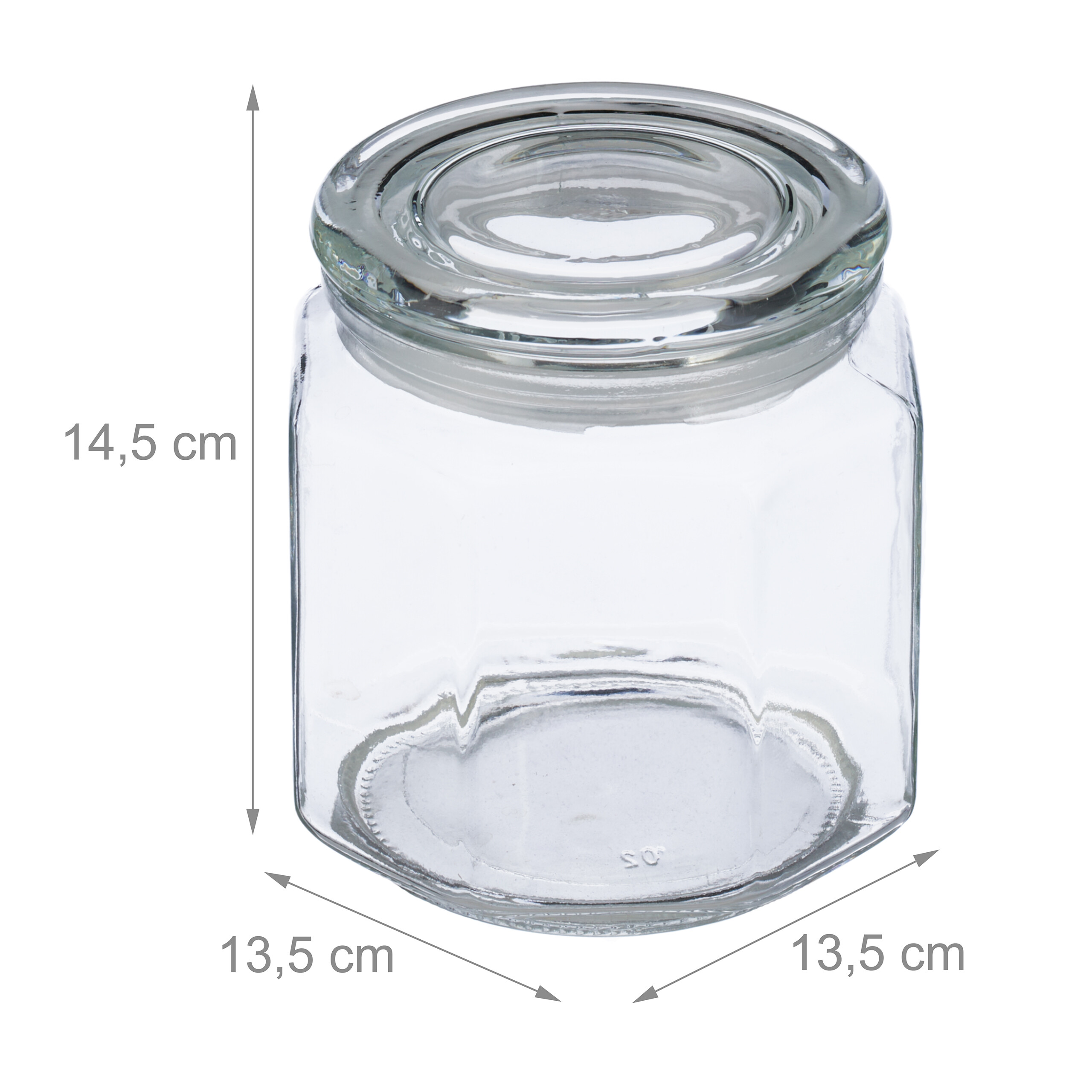 Ein gläsernes Vorratsglas mit Deckel, Maße 14,5 cm hoch und 13,5 cm breit, auf weißem Hintergrund.