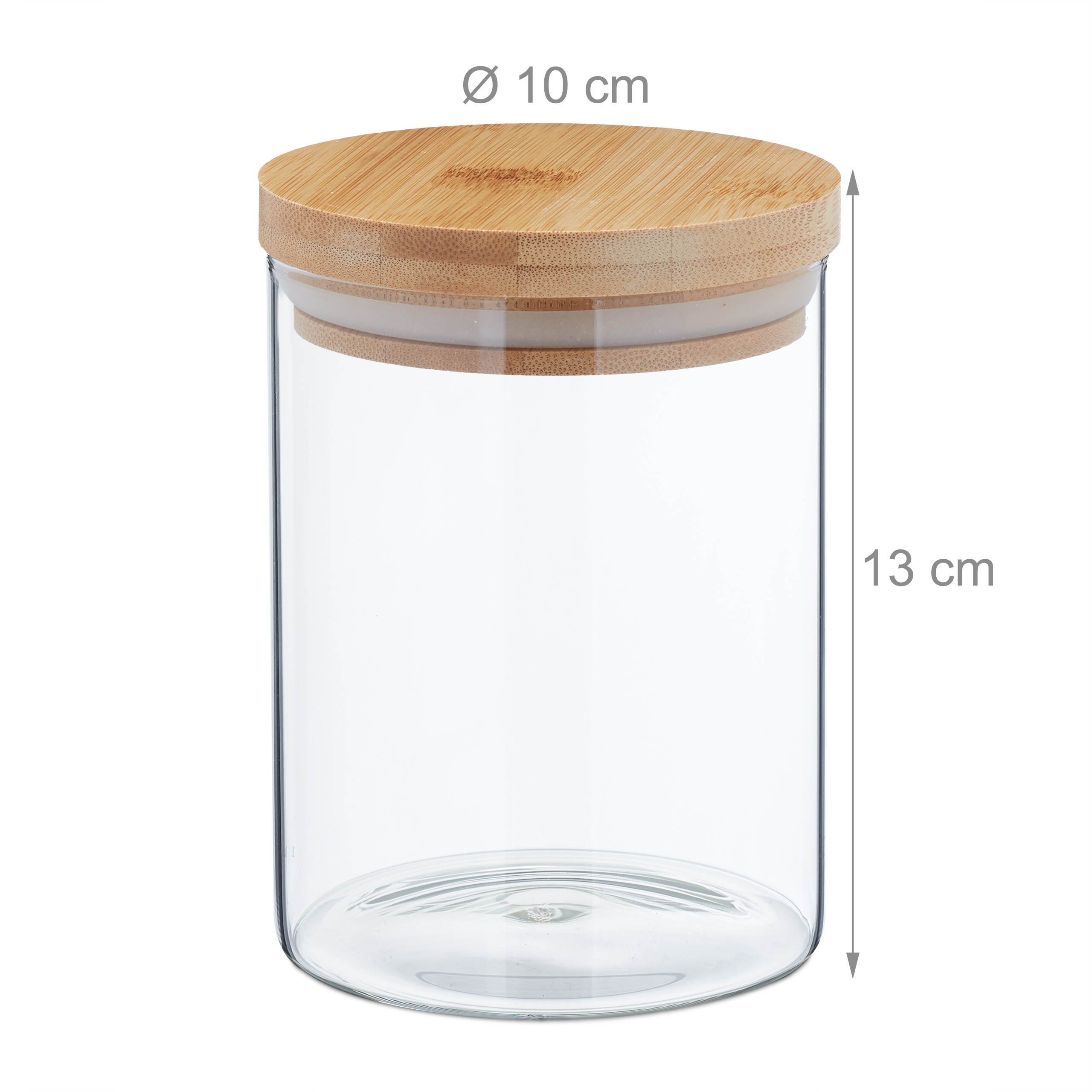 Ein zylindrisches Glasgefäß mit einem Durchmesser von 10 cm und einer Höhe von 13 cm, mit einem hölzernen Deckel.