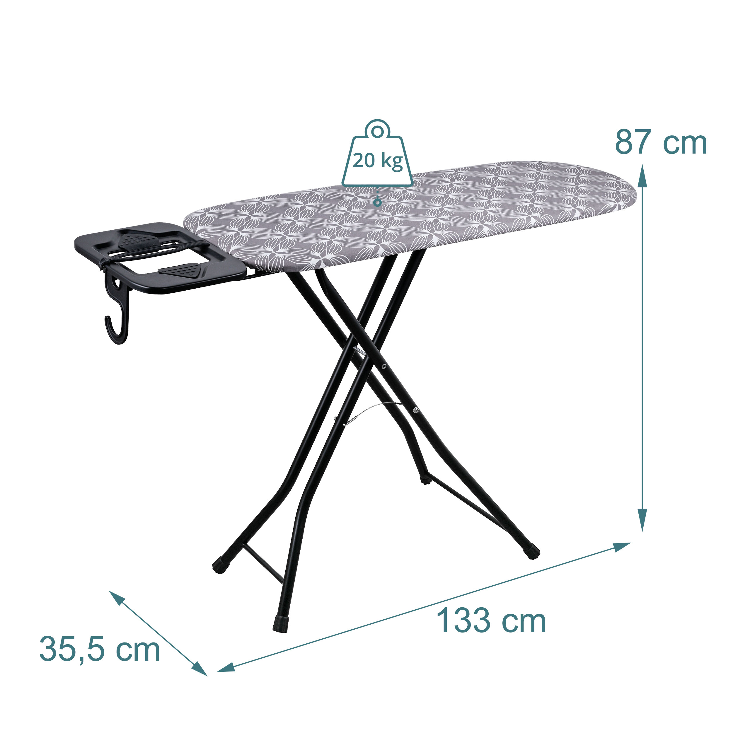 Grau-weiß gemustertes Bügelbrett mit schwarzem Gestell und Maßen: Höhe 87 cm, Länge 133 cm, Breite 35,5 cm.